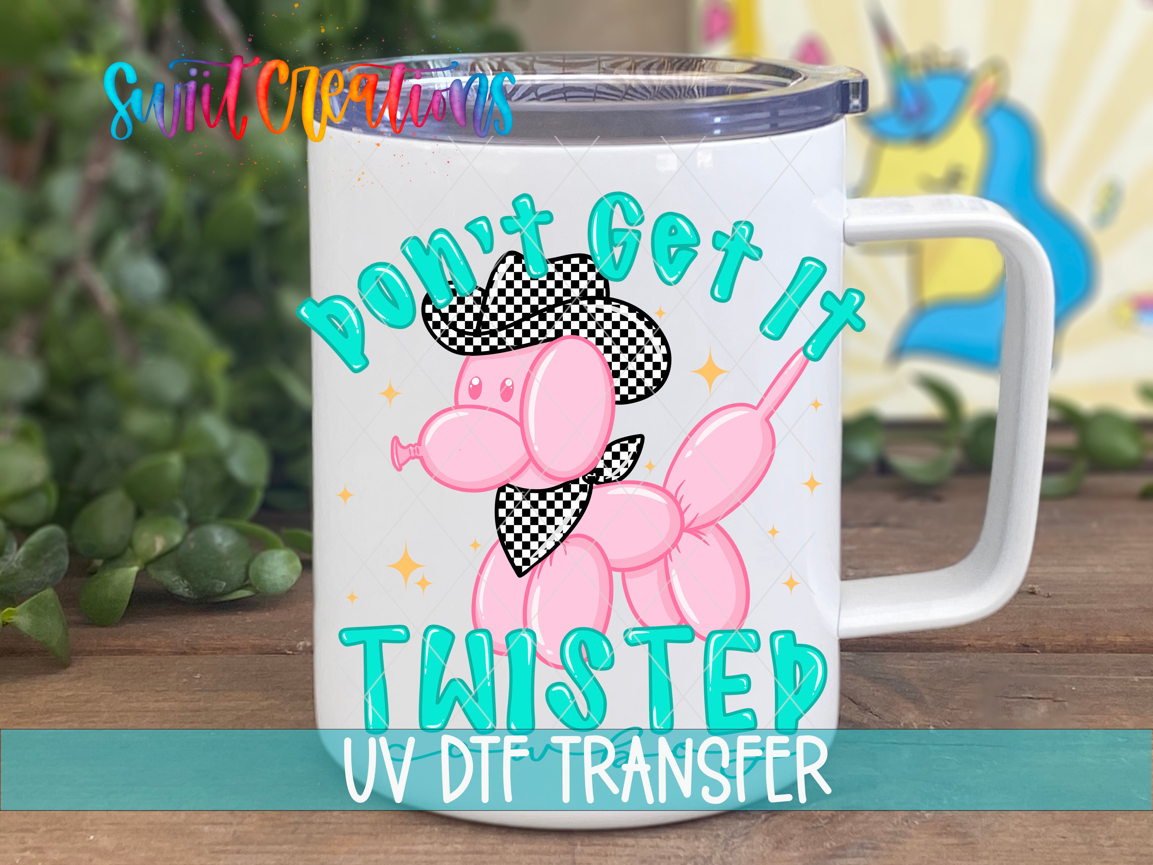 A white mug with a cartoon balloon dog design and text printed on it.