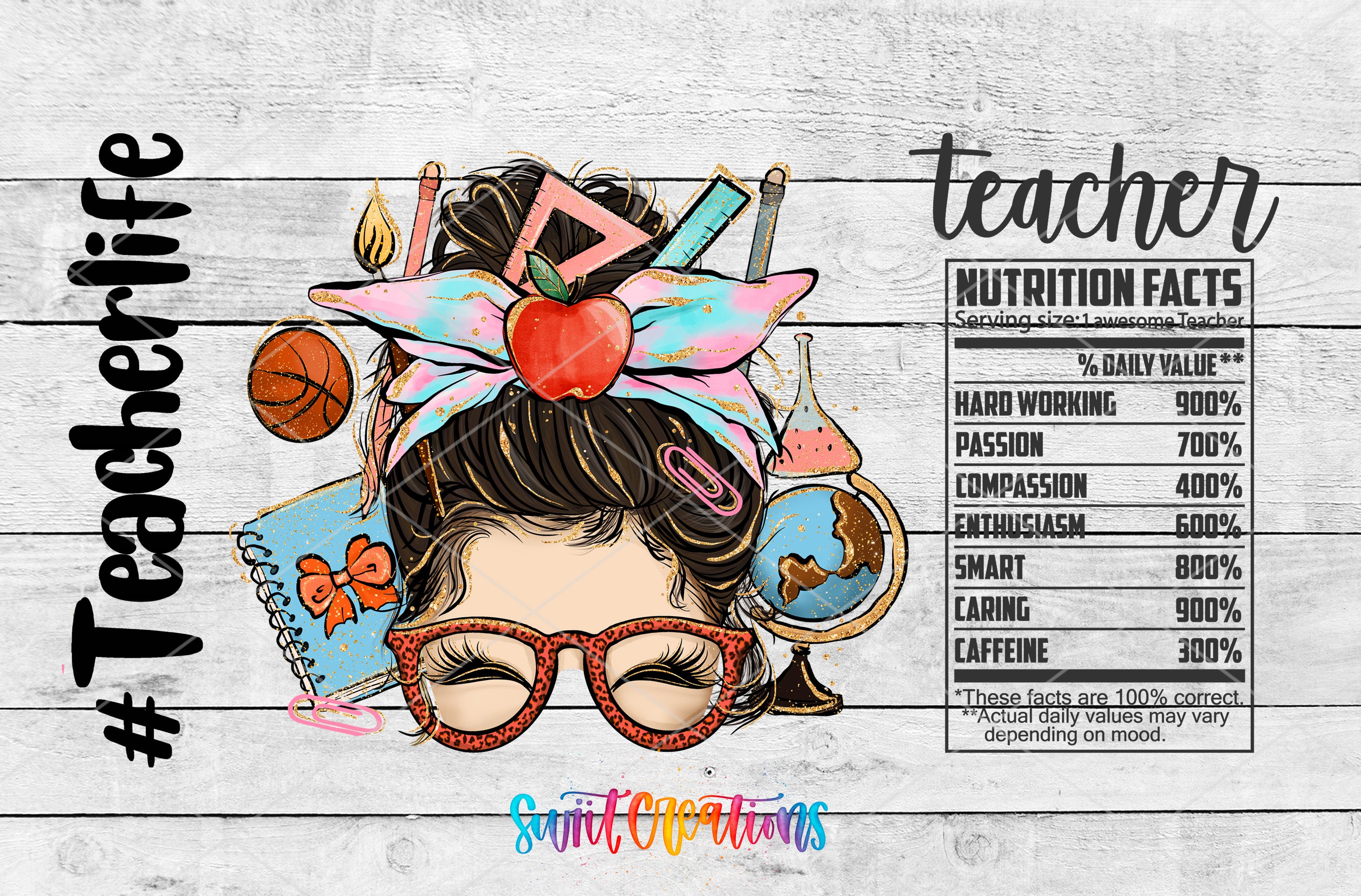 The image is a colorful illustration of a woman's face with glasses, a ponytail, and various school supplies such as a basketball, a globe, and a book. The image also includes text providing nutrition facts about a teacher, including information about their daily value, daily working hours, passion, compassion, enthusiasm, smart, caring, and caffeine consumption.