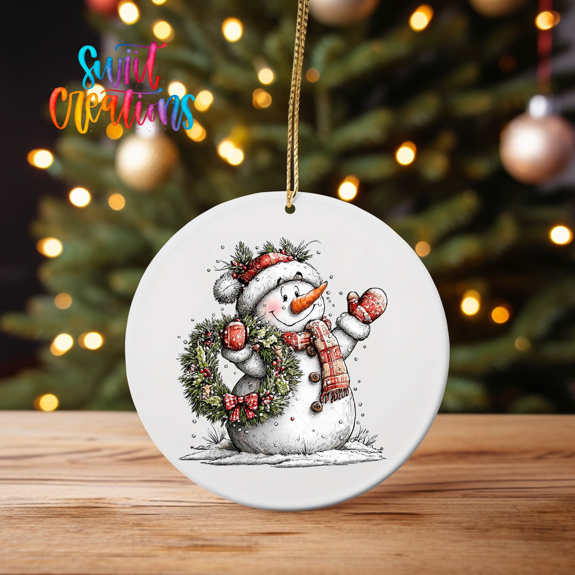 A white snowman ornament with a wreath and scarf is hanging on a string, with a blurred Christmas tree in the background.