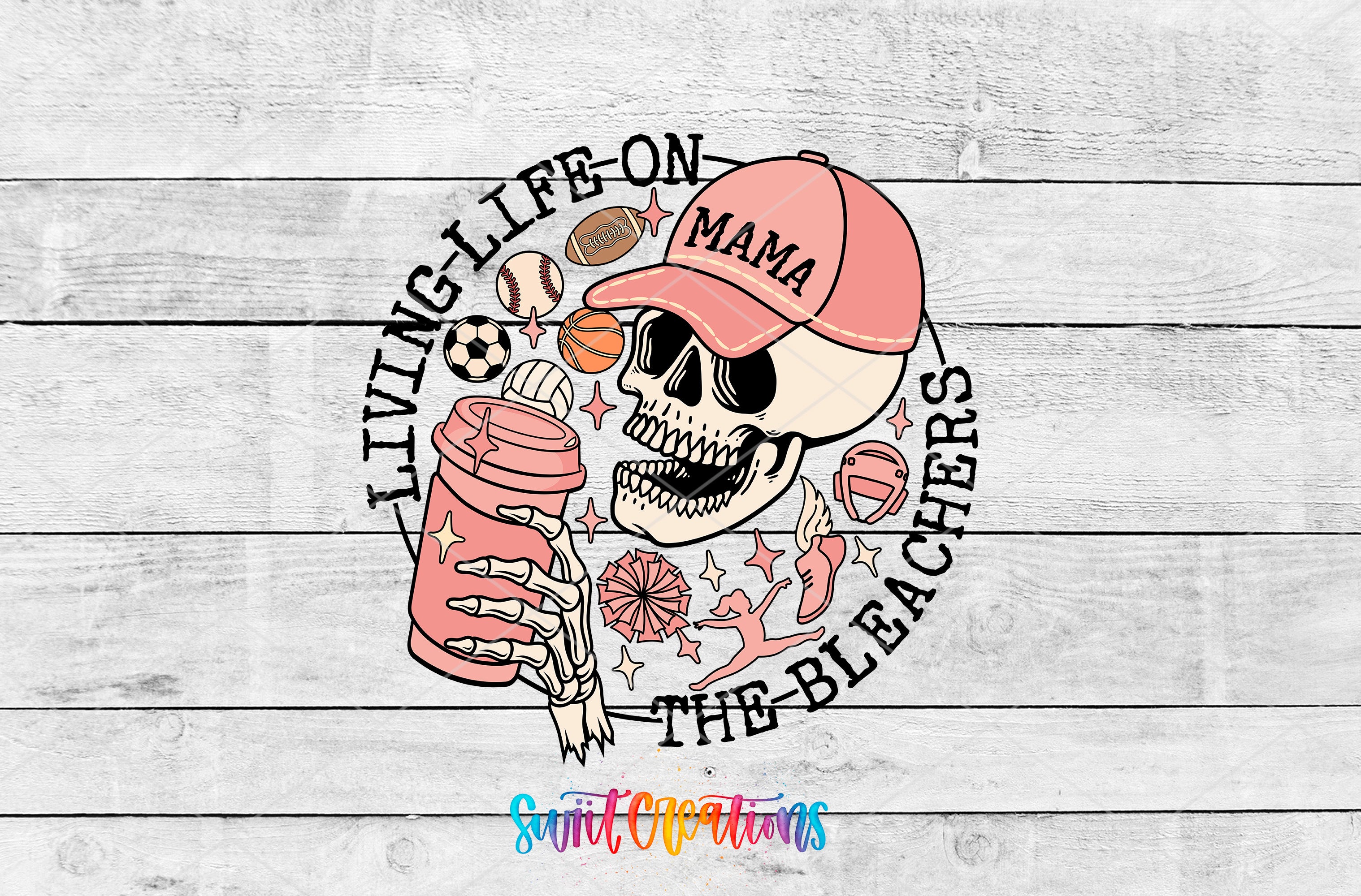 A skull wearing a pink baseball cap and holding a can of soda, surrounded by various sports equipment and text that reads "Living life on MAMA THE BLEACHERS".