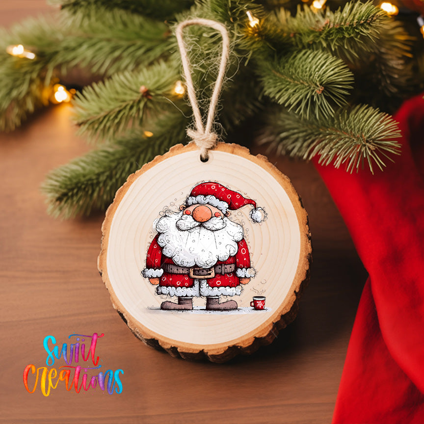 A wooden ornament featuring a cartoon Santa Claus figure is hanging on a Christmas tree, with a red cloth visible in the background.