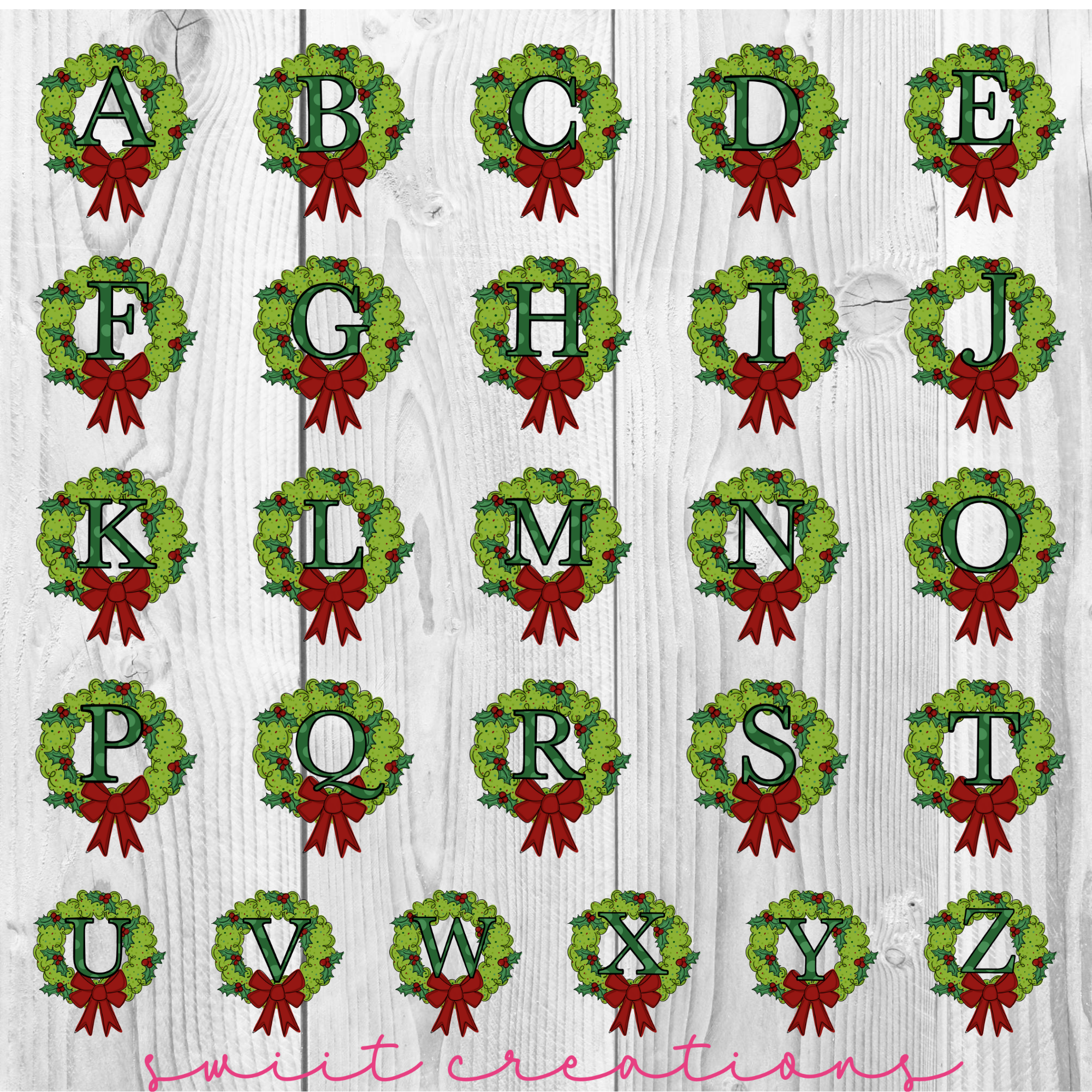 a collection of Christmas wreaths arranged in a grid, each featuring the letters of the alphabet.