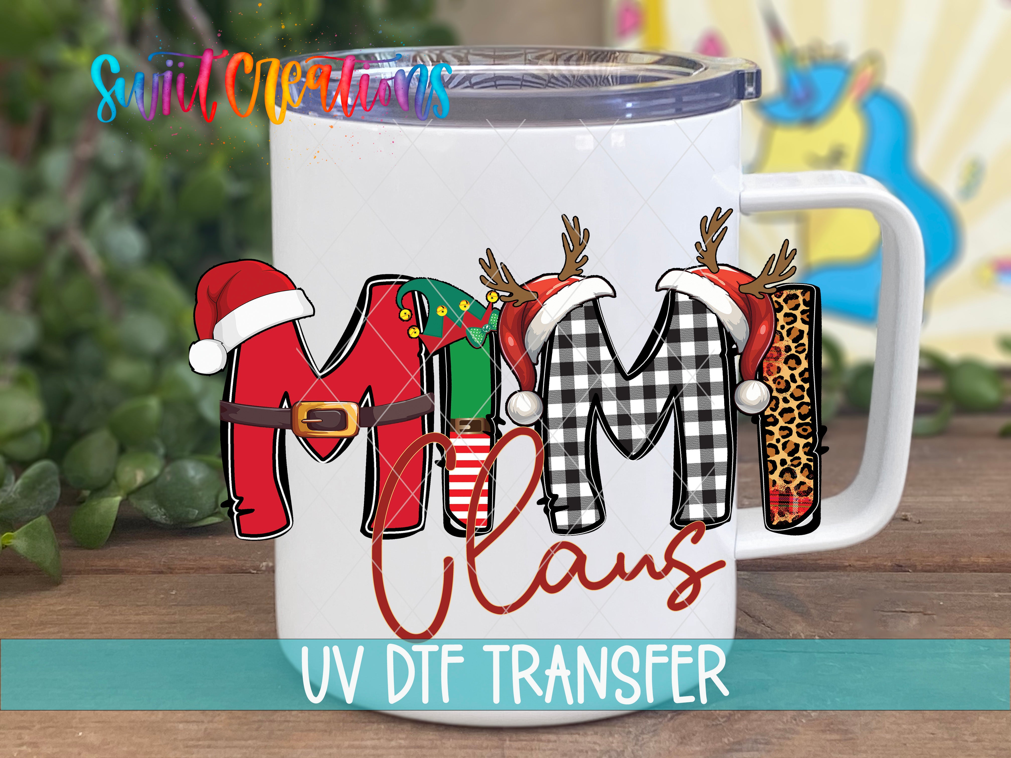 A white mug with a colorful design featuring the letters "MIM" and "CLANS" along with various holiday-themed elements such as reindeer, Santa hats, and a leopard print.