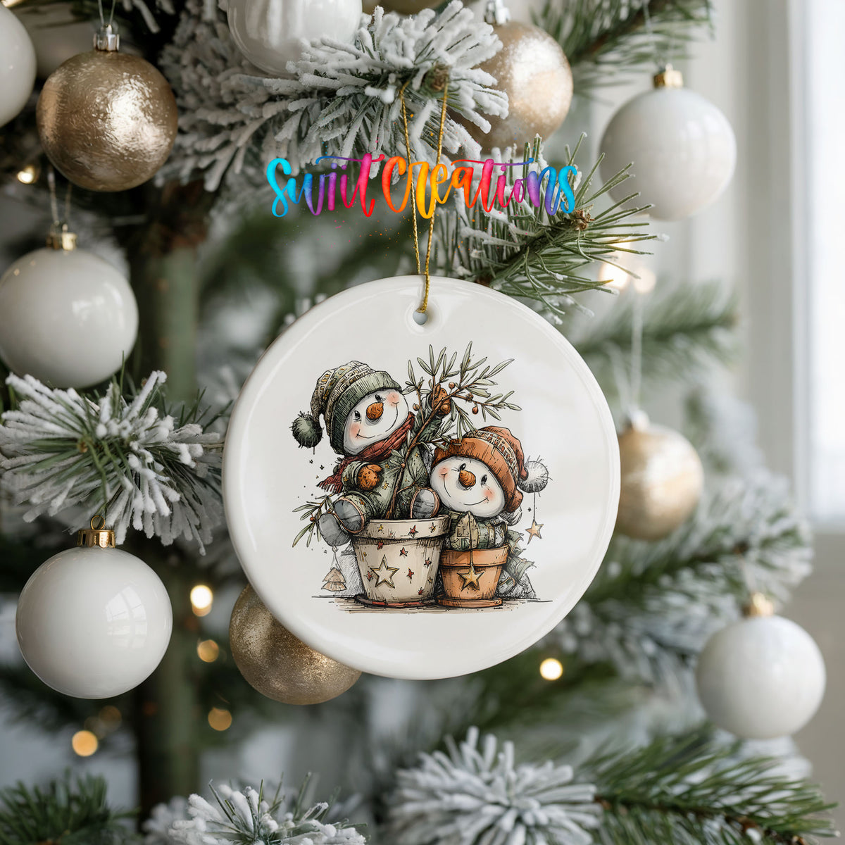 A Christmas tree decorated with ornaments, including a white ornament with a snowman and star design, and a colorful text overlay that reads "Swiftly changing".