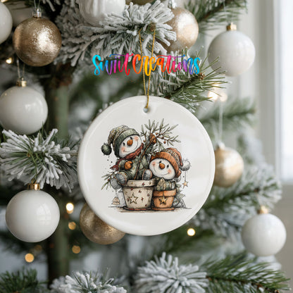 A Christmas tree decorated with ornaments, including a white ornament with a snowman and star design, and a colorful text overlay that reads "Swiftly changing".
