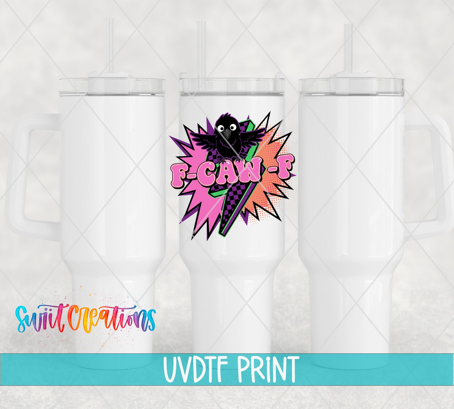 three white tumblers with a colorful graphic design on them.