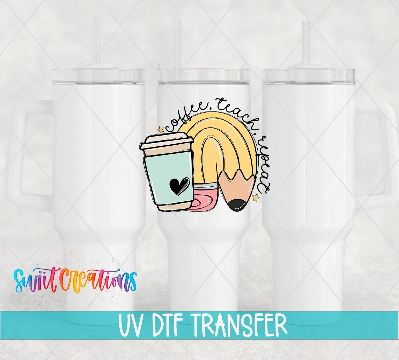 a white ceramic mug with a colorful illustration of a coffee cup, a pencil, and a rainbow, along with the text "coffee teach repair" and "UV DFT TRANSFER".