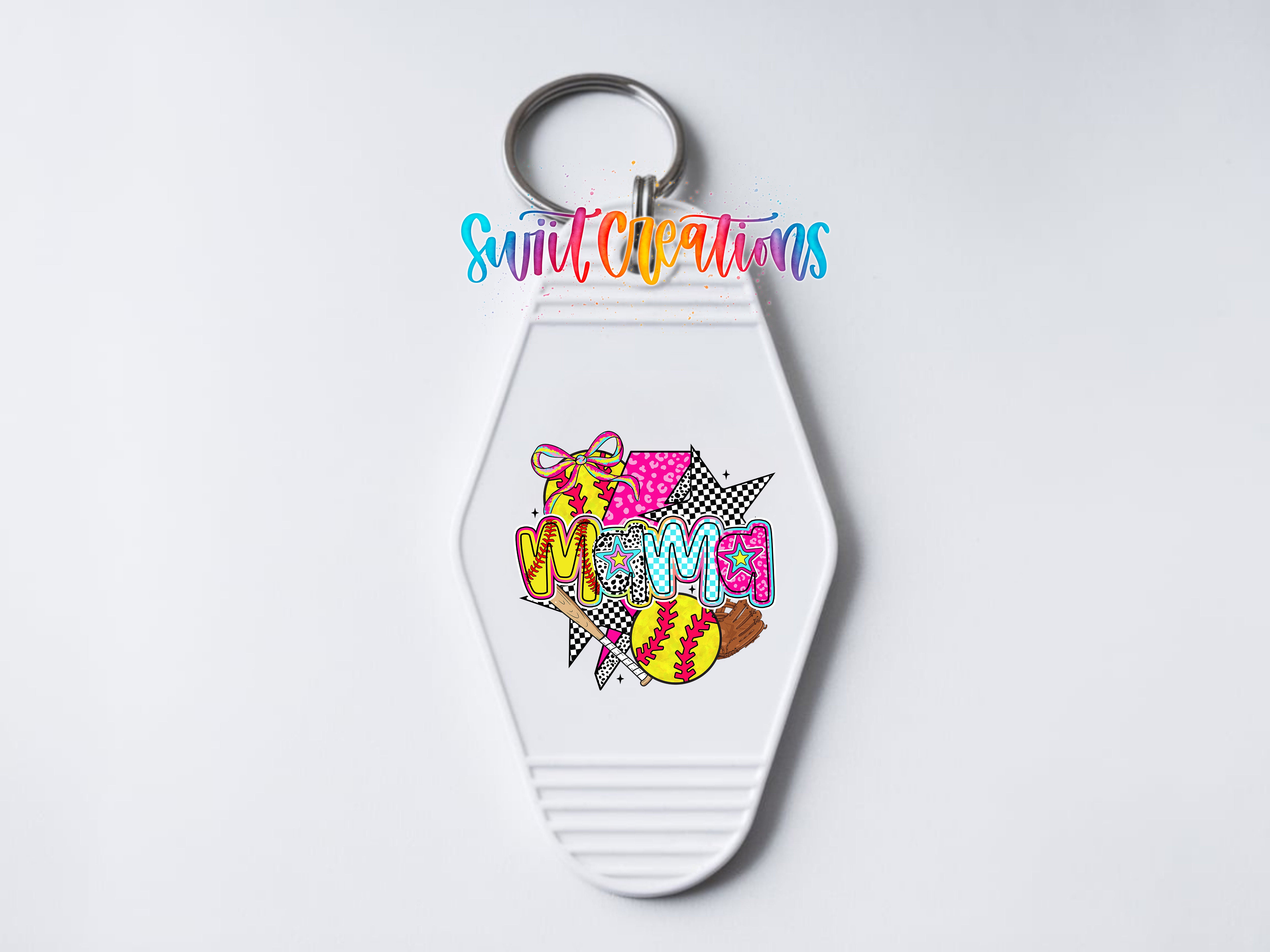 A keychain with a colorful, abstract design featuring various shapes and patterns.