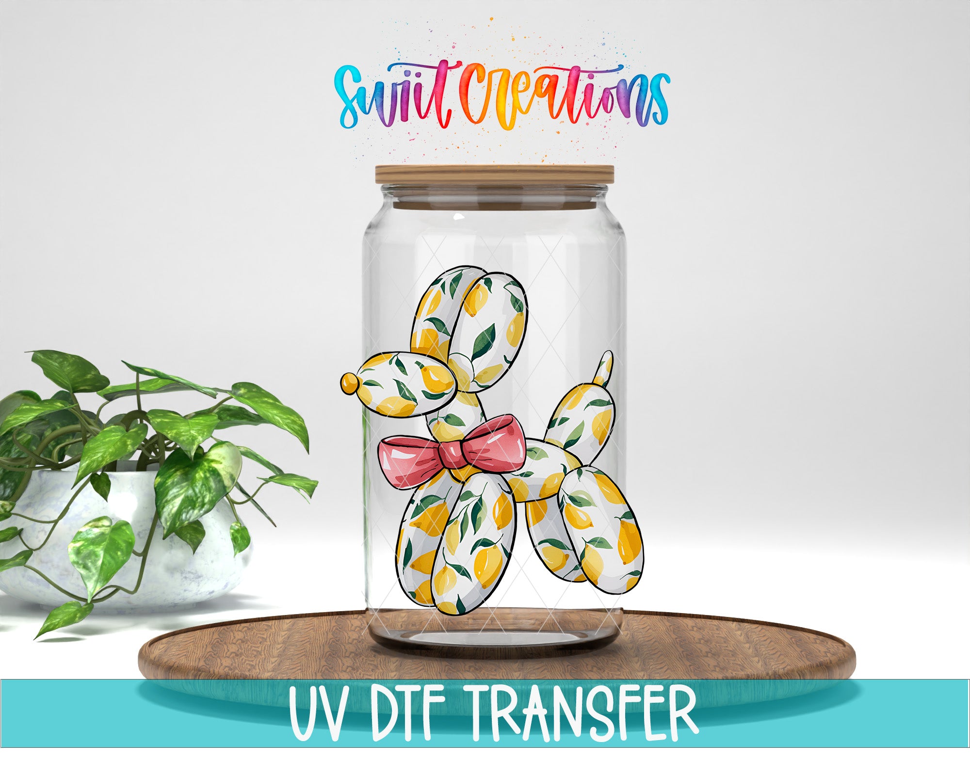 a glass jar containing a balloon dog illustration, placed on a wooden surface.