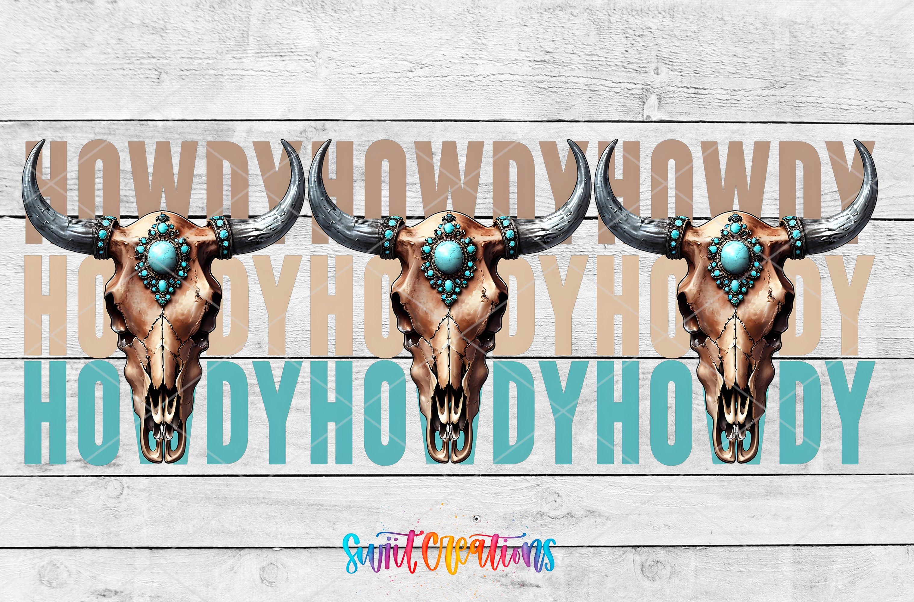 three stylized cow skull designs with turquoise accents, arranged in a row against a wooden background.