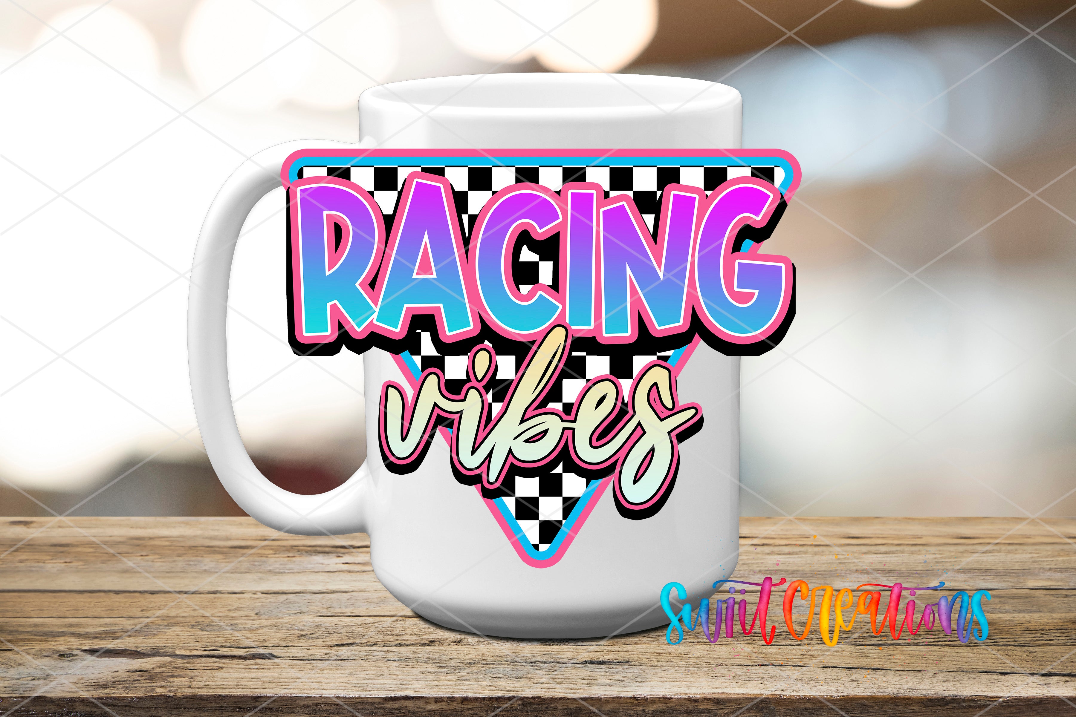 A white mug with the text "RACING VIBES" printed on it, along with a checkered pattern.