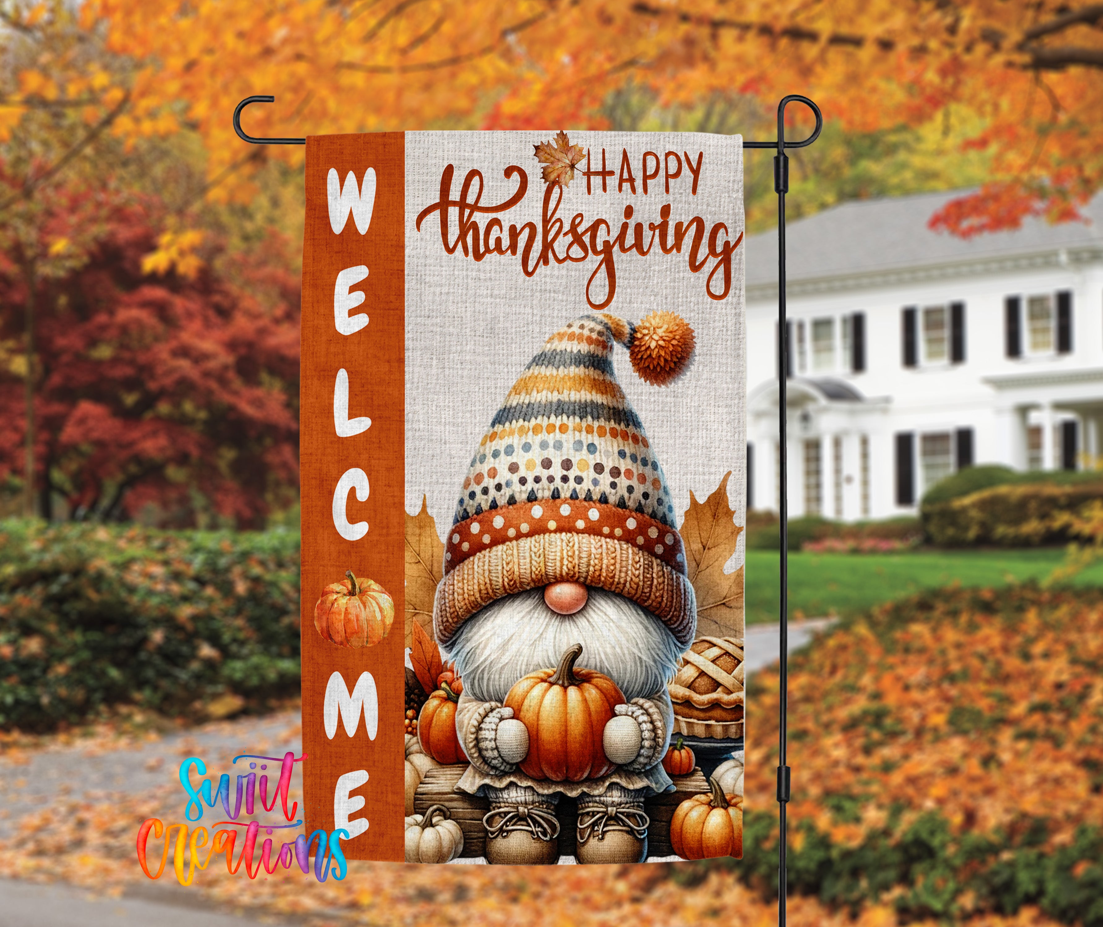 A welcome banner featuring a gnome holding pumpkins and autumn leaves, with the text "Happy Thanksgiving" displayed on it.
