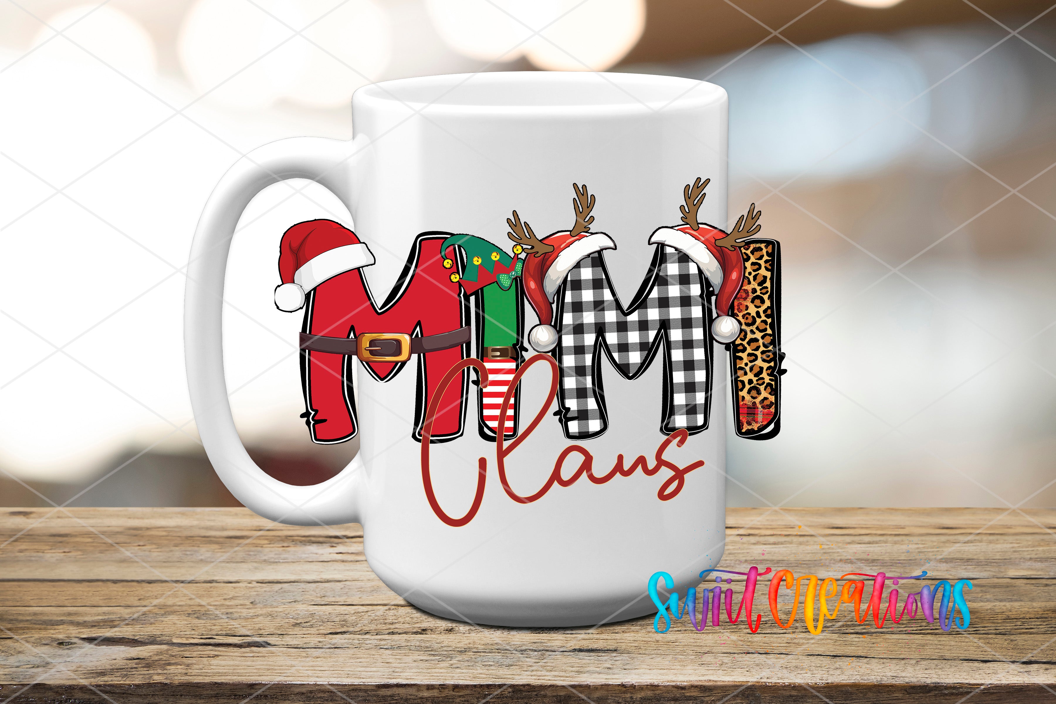 A white mug with the word "MIM" written on it, along with various holiday-themed elements such as Santa hats, reindeer antlers, and a leopard print.