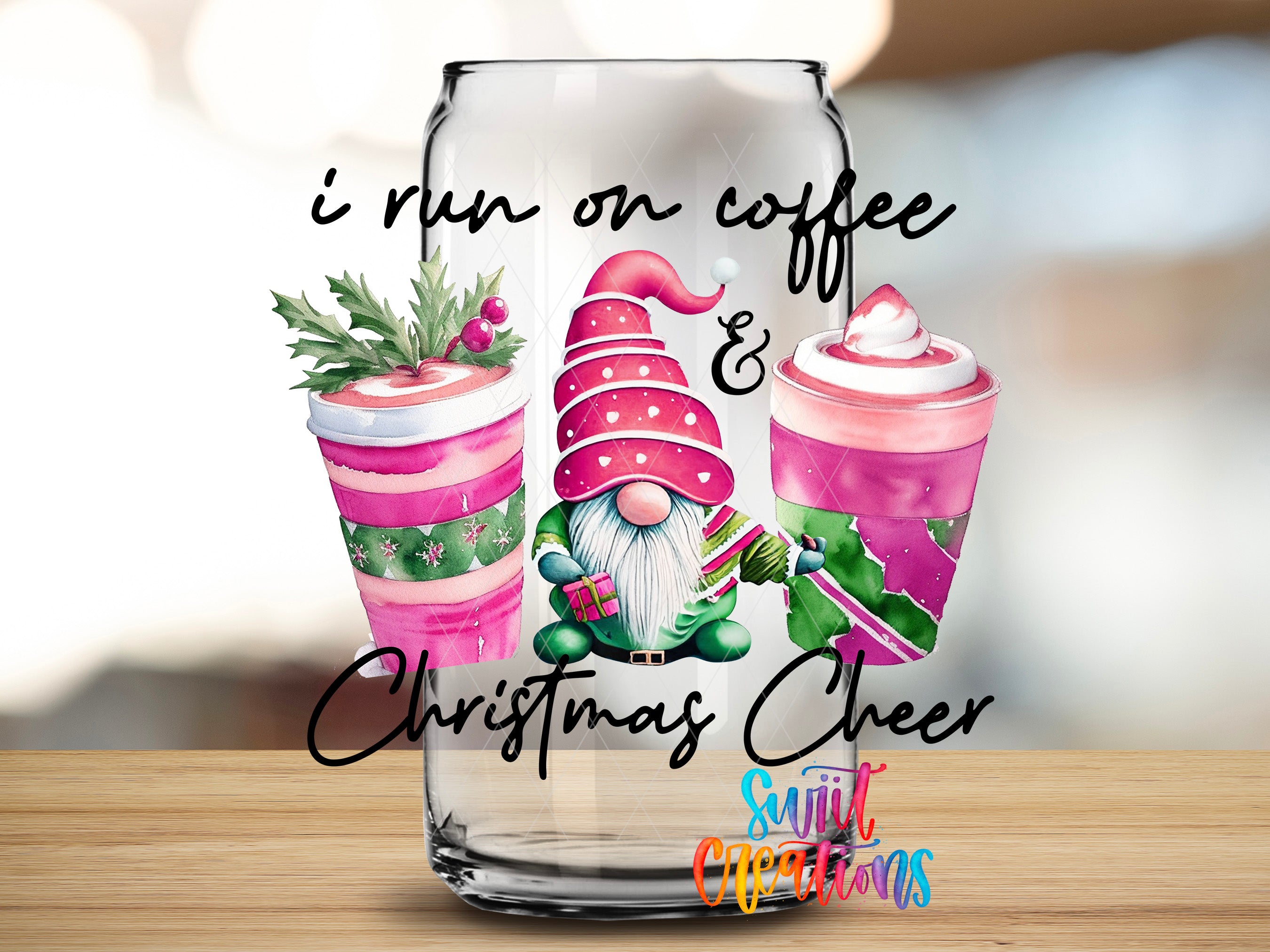 a glass with a Christmas-themed design, including a gnome, a cup of coffee, and a cup of hot chocolate. The text overlay reads "I run on coffee & Christmas cheer" and includes the text "Suitcase Creations" at the bottom.