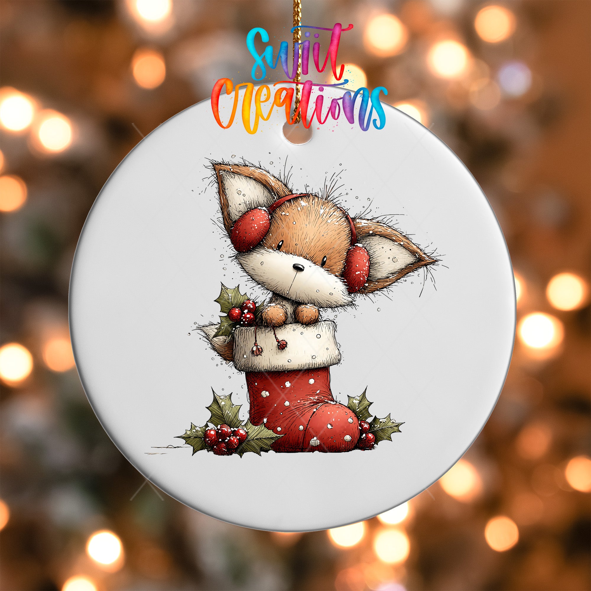 A ceramic ornament featuring a cartoon illustration of a cat wearing a red stocking with holly leaves and berries, set against a blurred background with Christmas lights.