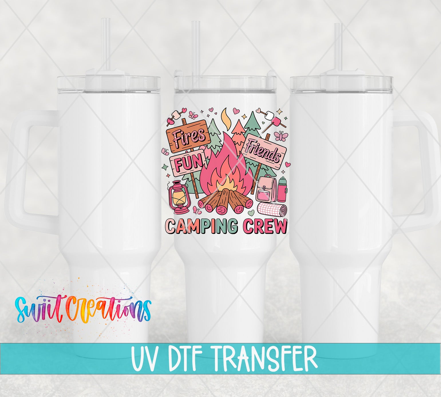 three white tumblers with a colorful, illustrated design on the front, including a campfire, camping equipment, and the text "Fires are fun! Friends are camping crew".