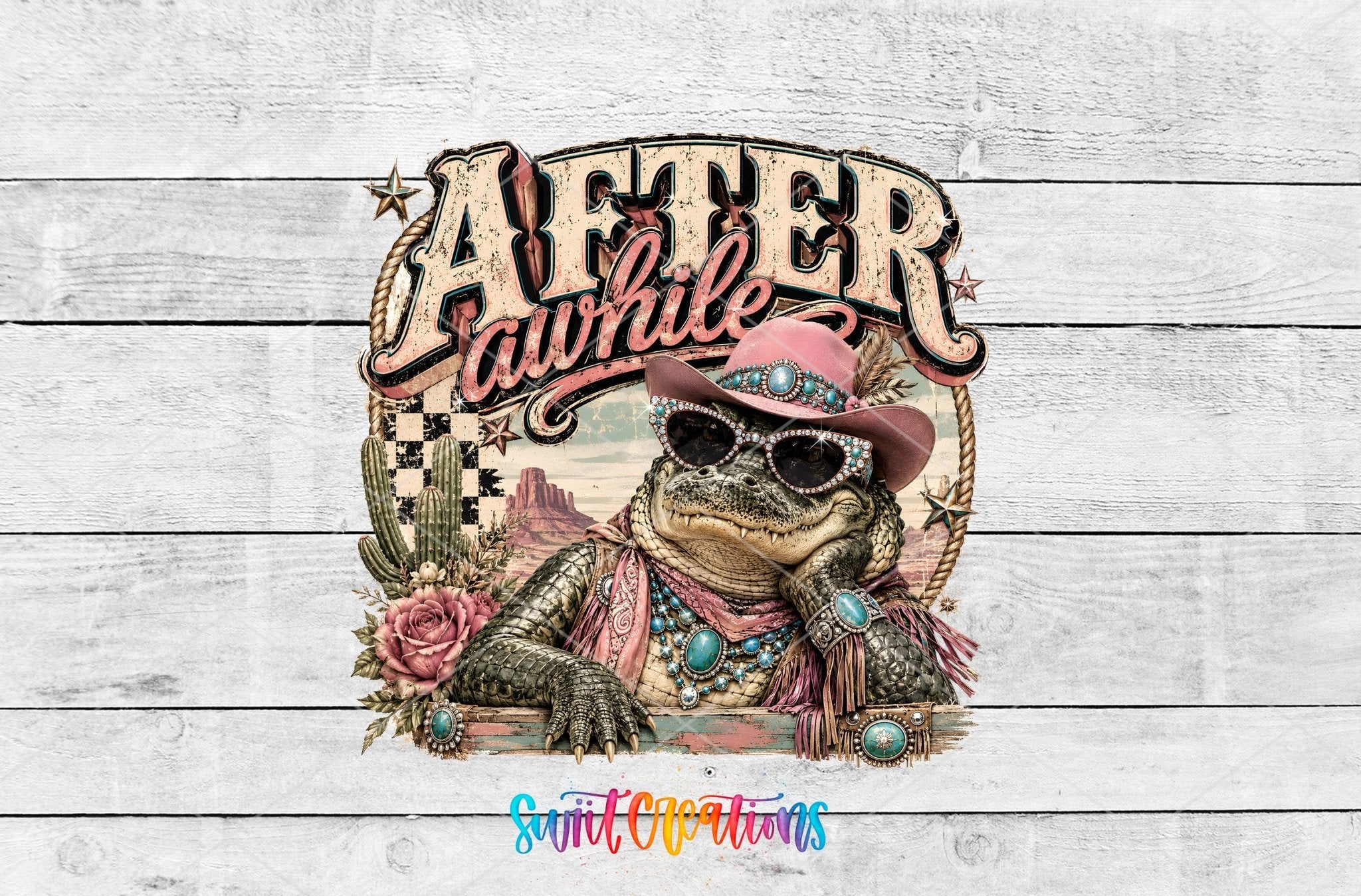 After Awhile Crocodile Western Glam UV DTF Transfer | Retro Cowgirl Crocodile Drinkware Design | UV2084 - Swiit Creations