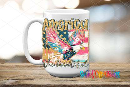America The Beautiful Eagle Patriotic UV DTF transfer displayed on a white ceramic mug from Swiit Creations
