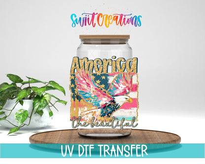 America The Beautiful Eagle Patriotic UV DTF transfer displayed on a clear jar mockup from Swiit Creations