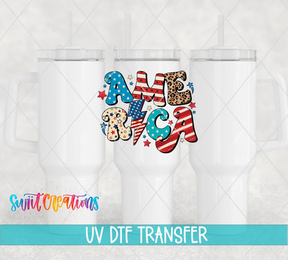 Swiit Creations UV DTF American Flag Patriotic transfer shown on a white tumbler set