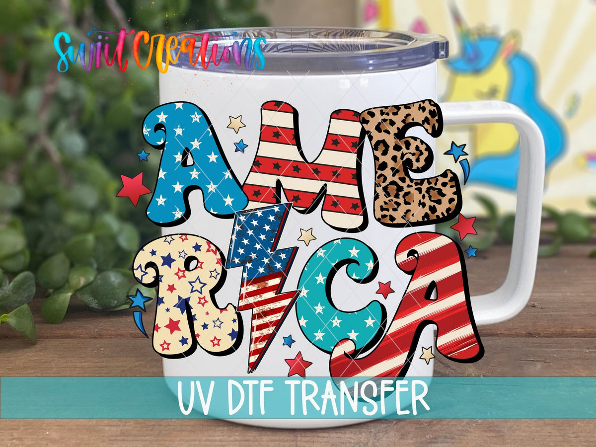 Swiit Creations UV DTF American Flag Patriotic transfer displayed on a white coffee mug