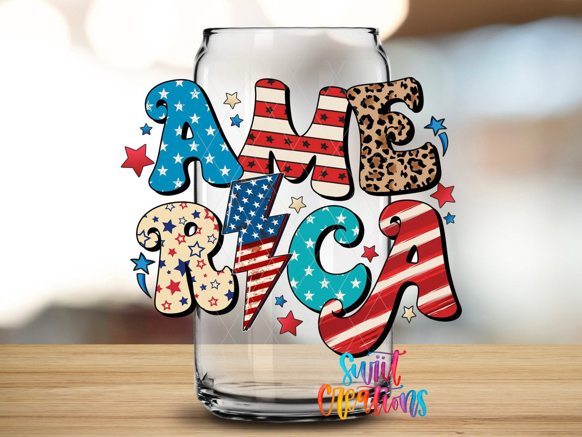Swiit Creations UV DTF American Flag Patriotic transfer applied to a clear glass can
