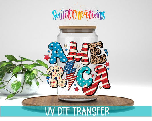 Swiit Creations UV DTF American Flag Patriotic transfer displayed on a clear jar mockup