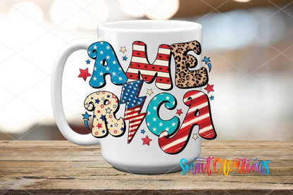 Swiit Creations UV DTF American Flag Patriotic transfer applied to a white ceramic mug