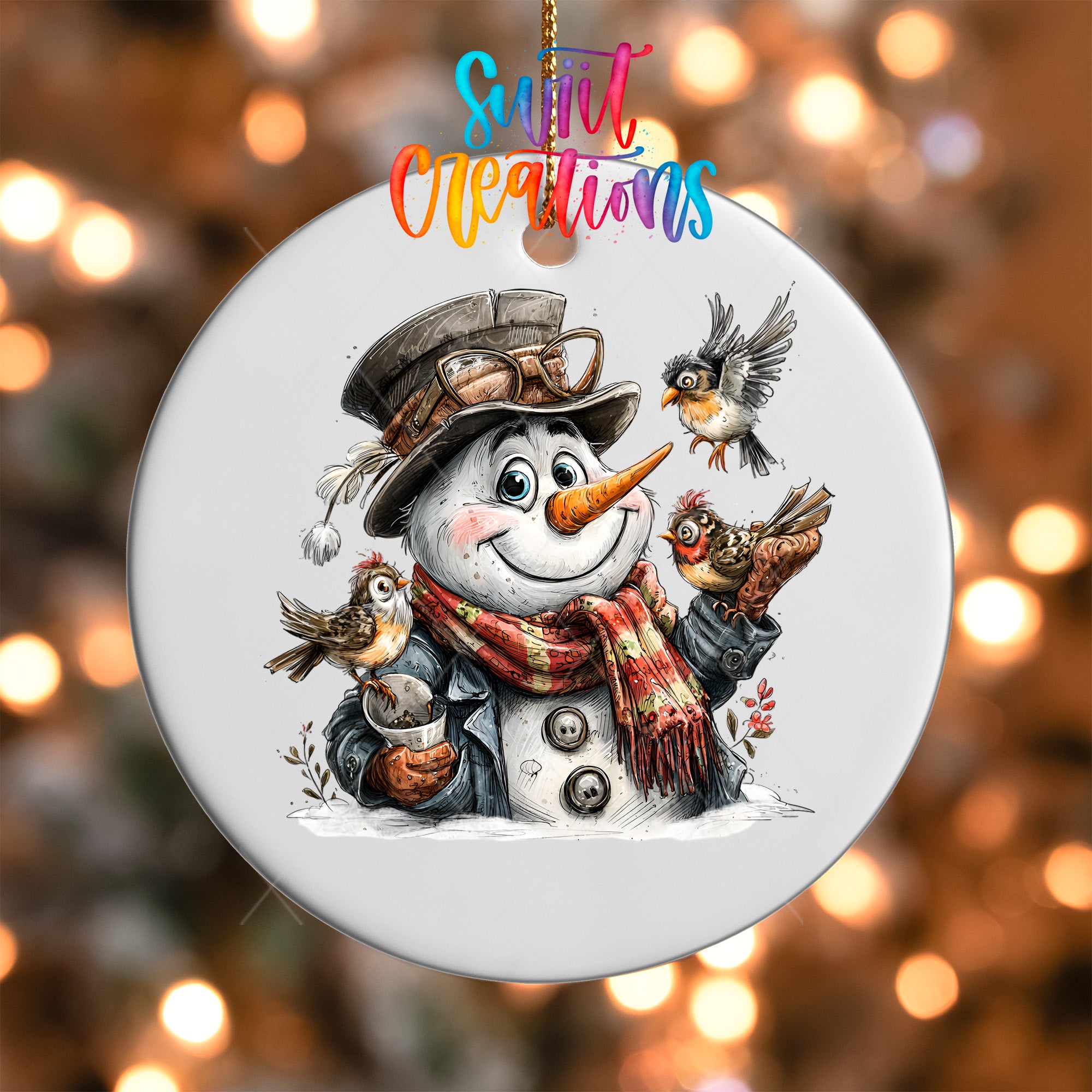 A snowman ornament with a bird perched on its shoulder, surrounded by other birds, against a blurred background of lights.