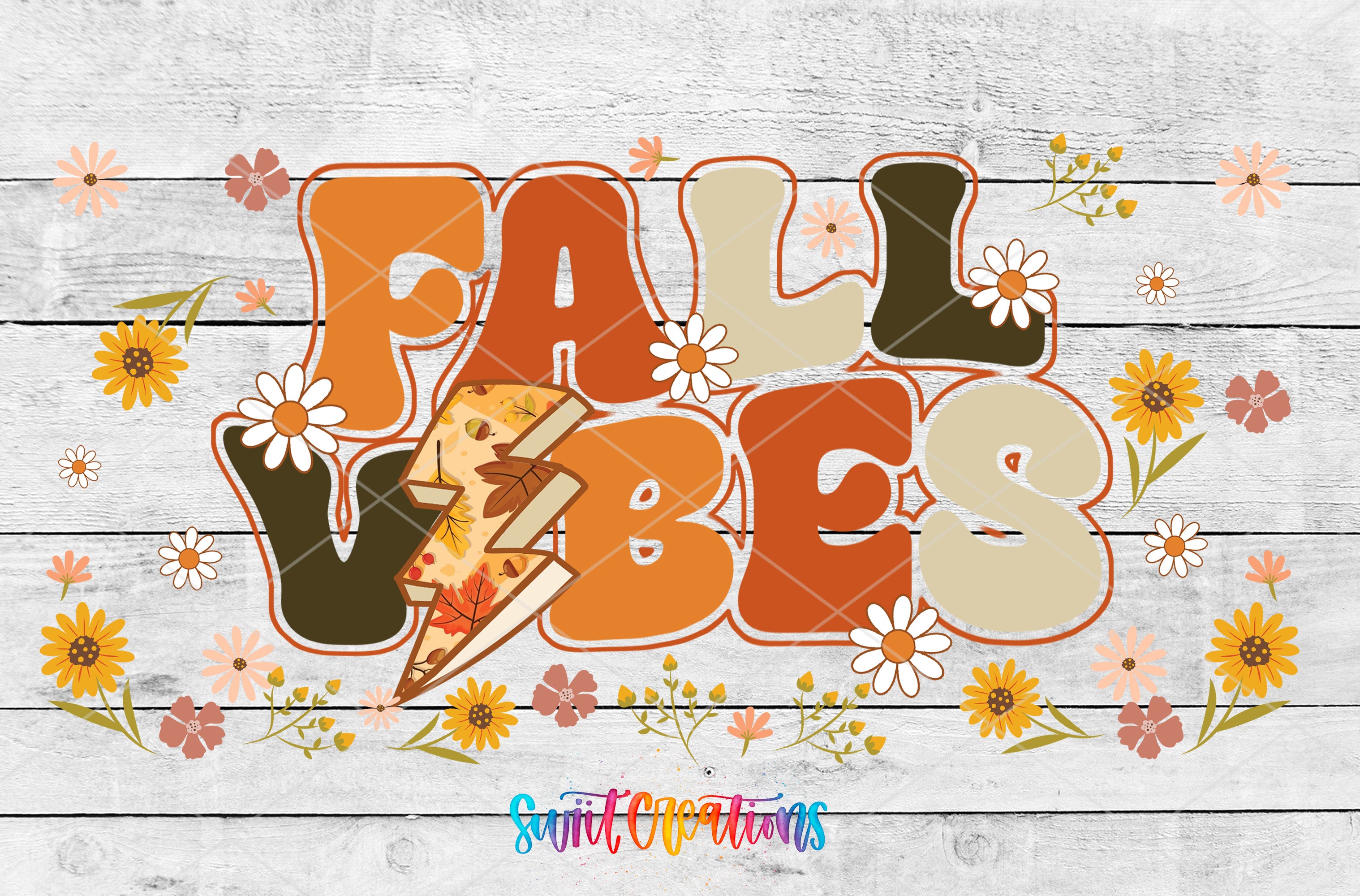a colorful and whimsical design with the text "FALL VIBES" prominently displayed. The design includes various elements such as flowers, leaves, and lightning bolts, creating a vibrant and playful atmosphere.