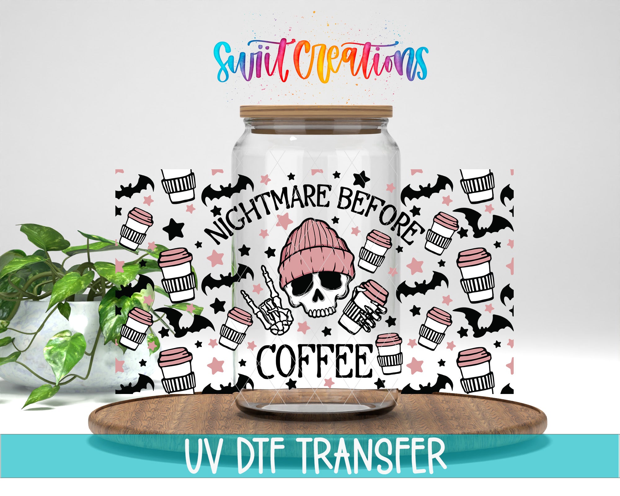 a jar with a skull and bat motif, surrounded by coffee cups and bats, along with the text "NIGHTMARE BEFORE COFFEE" and "UV DFT TRANSFER".