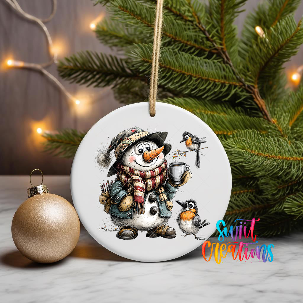 A snowman ornament with a bird perched on its shoulder, surrounded by pine branches and a gold ornament, with a Christmas tree in the background.