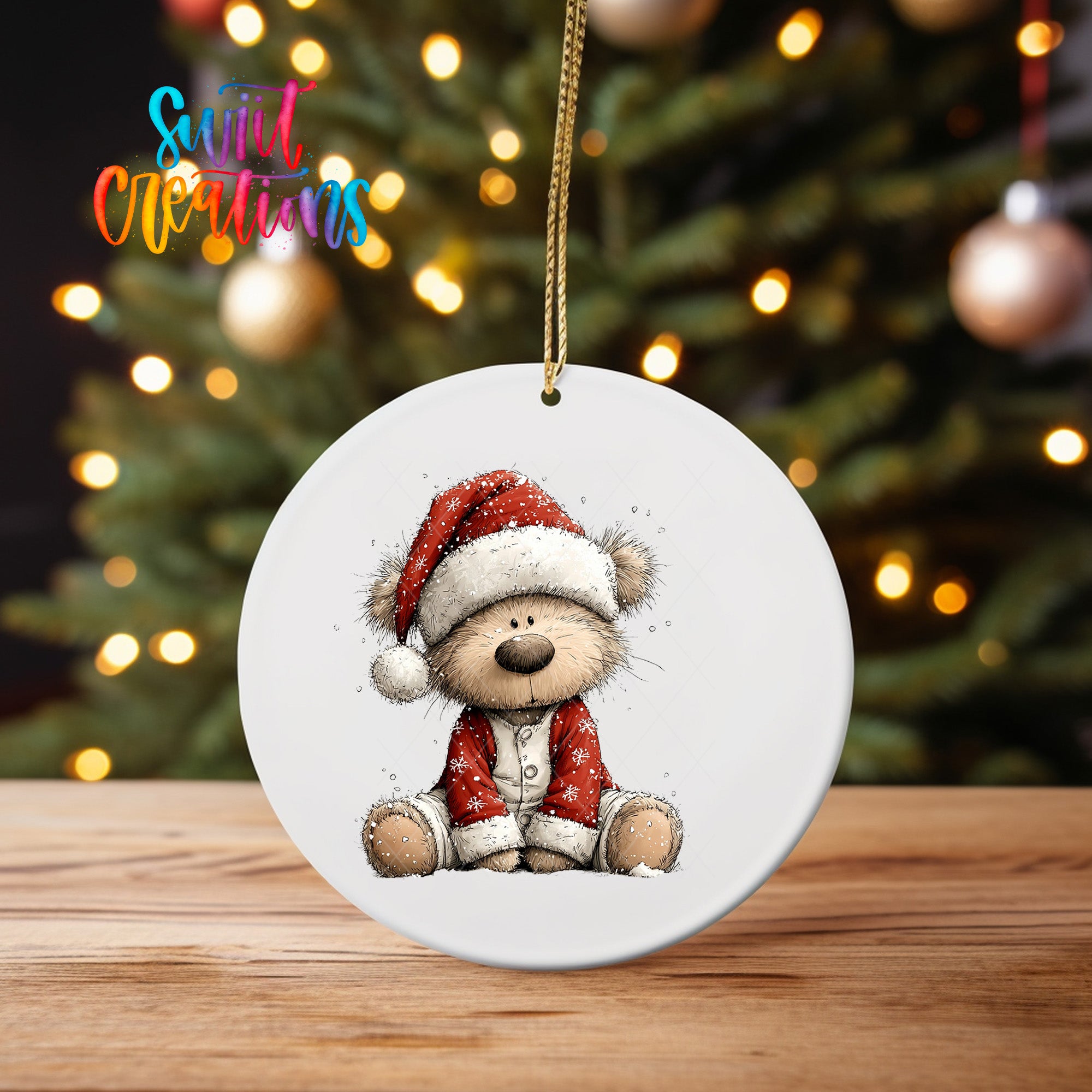 A white ceramic ornament featuring a teddy bear wearing a Santa hat, sitting on a wooden surface in front of a blurred Christmas tree with twinkling lights.