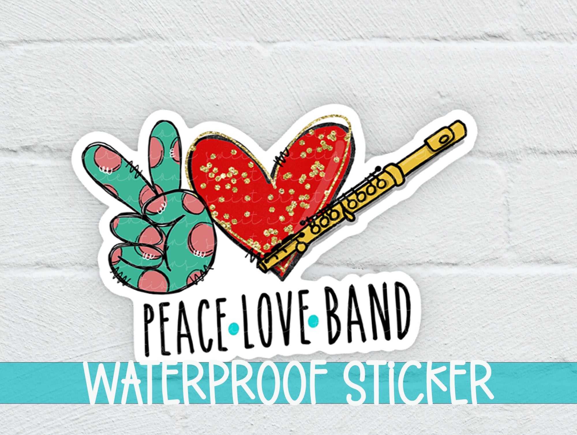 a peace love band sticker on a white brick wall