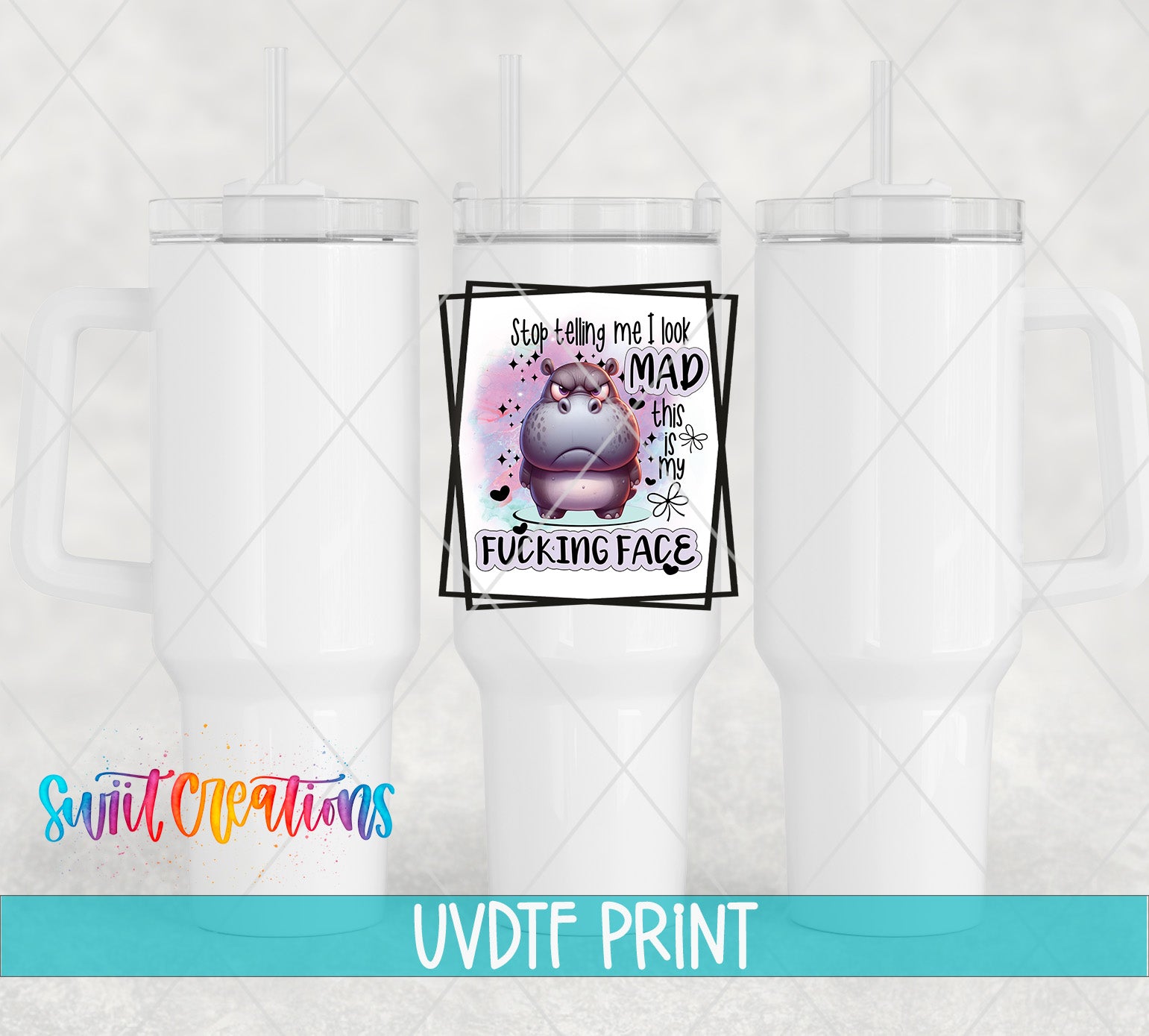 a white tumbler with a printed design on it, including a cartoon character and text.