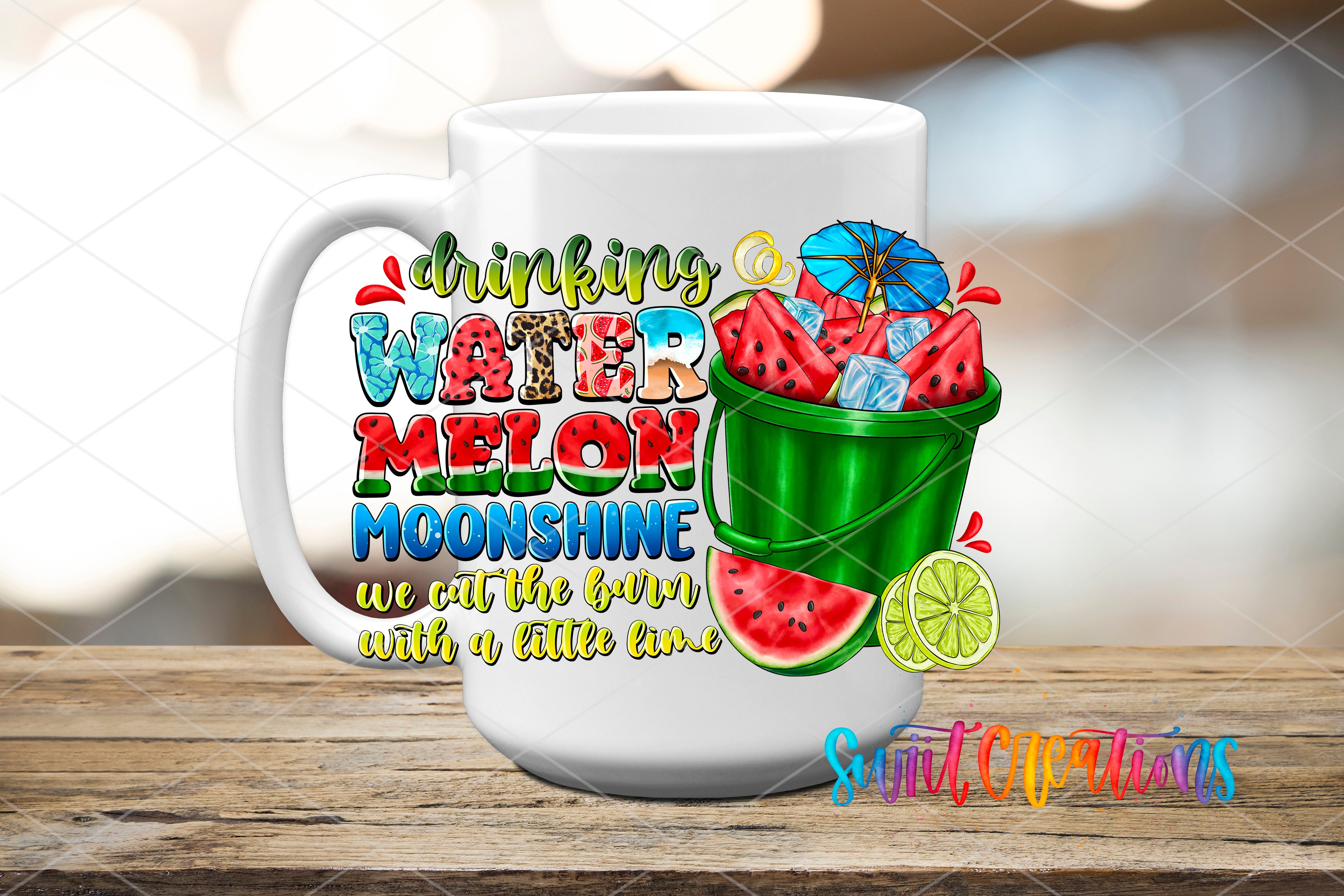 A white mug with a colorful design featuring a bucket filled with watermelon slices, a lemon slice, and an umbrella, along with the text "drinking WATERmelon Moonshine we cut the burn with a little time".