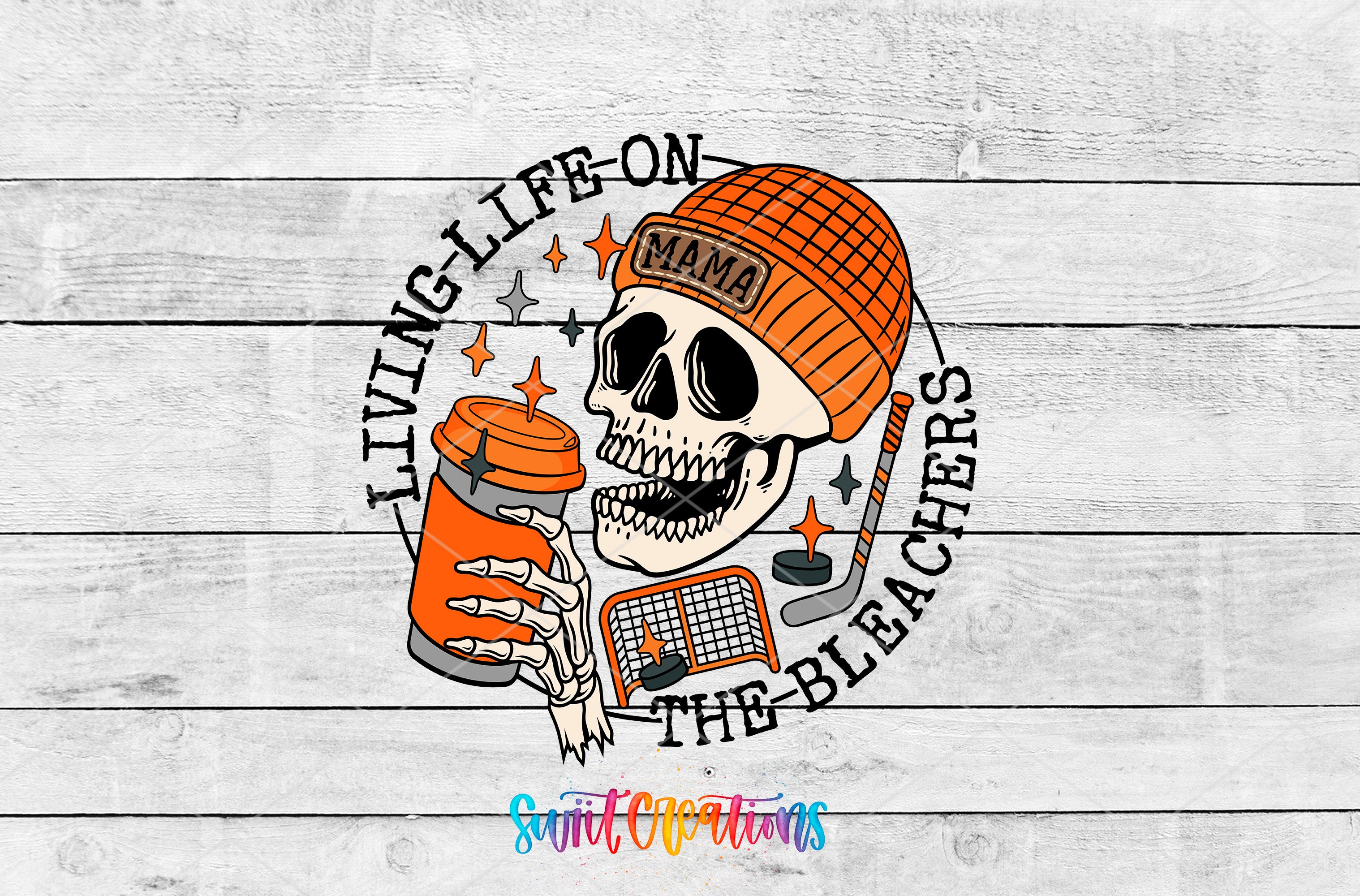 A stylized illustration of a skull wearing a hat with the text "MAMA" on it, holding a cup, surrounded by various hockey-related elements such as a hockey stick and puck.