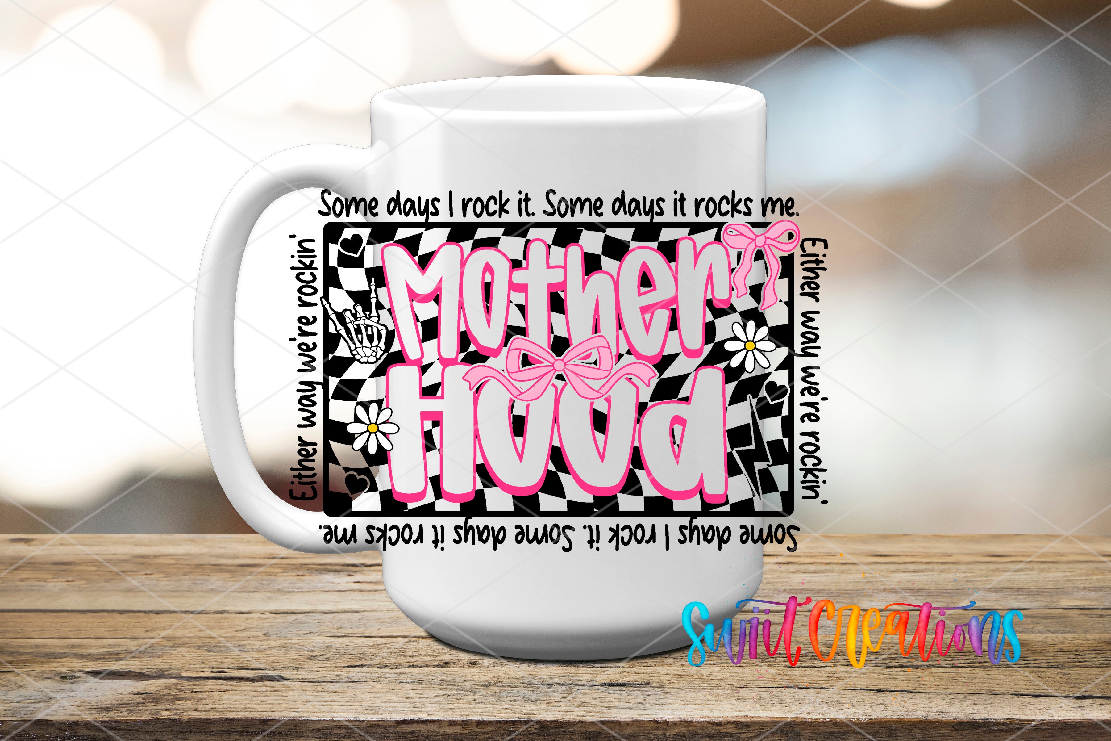 A white mug with a black and white checkered design and the text "Mother Hood" printed on it.