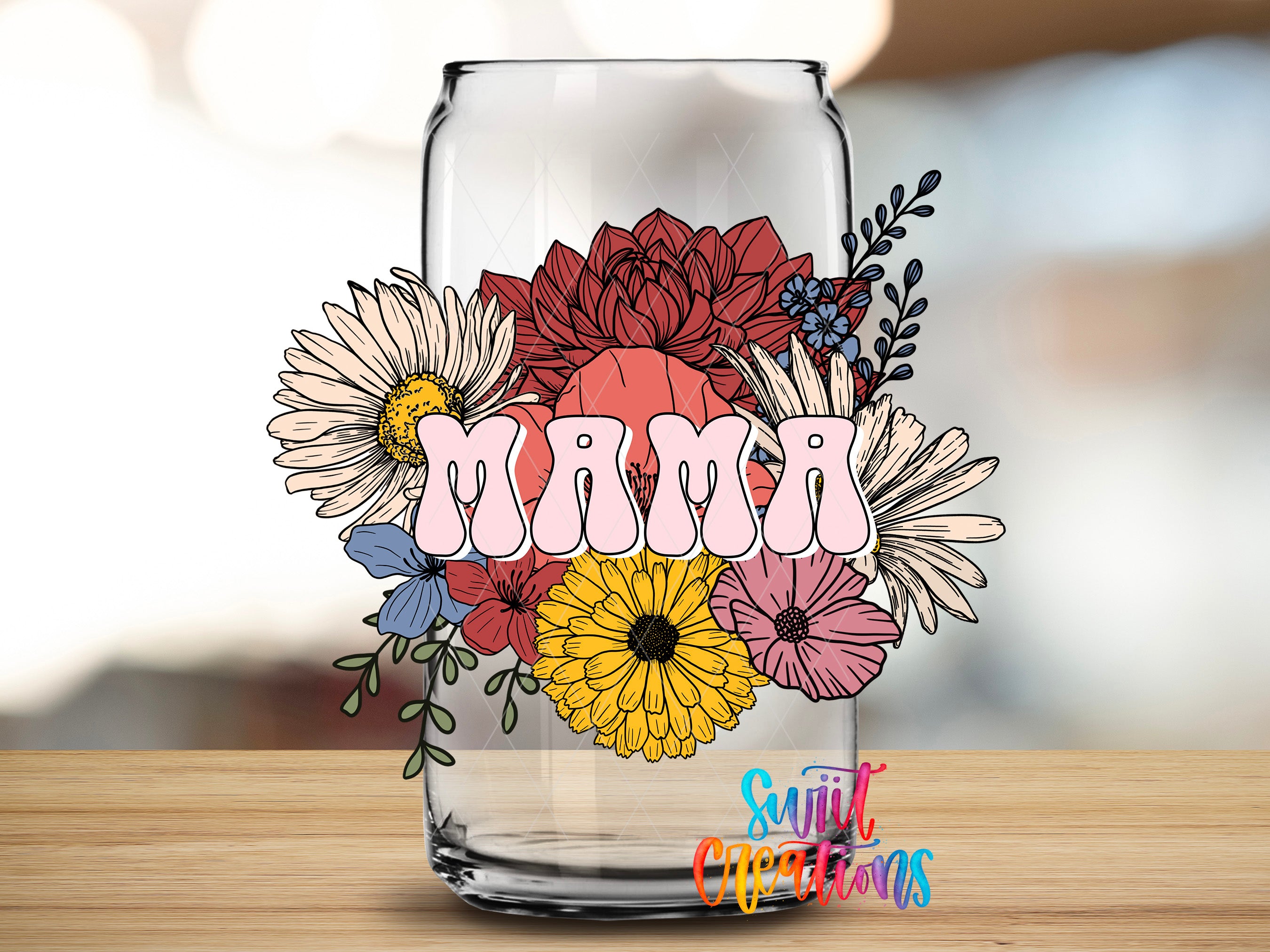 A glass vase with a colorful floral design and the word "Mama" written on it.