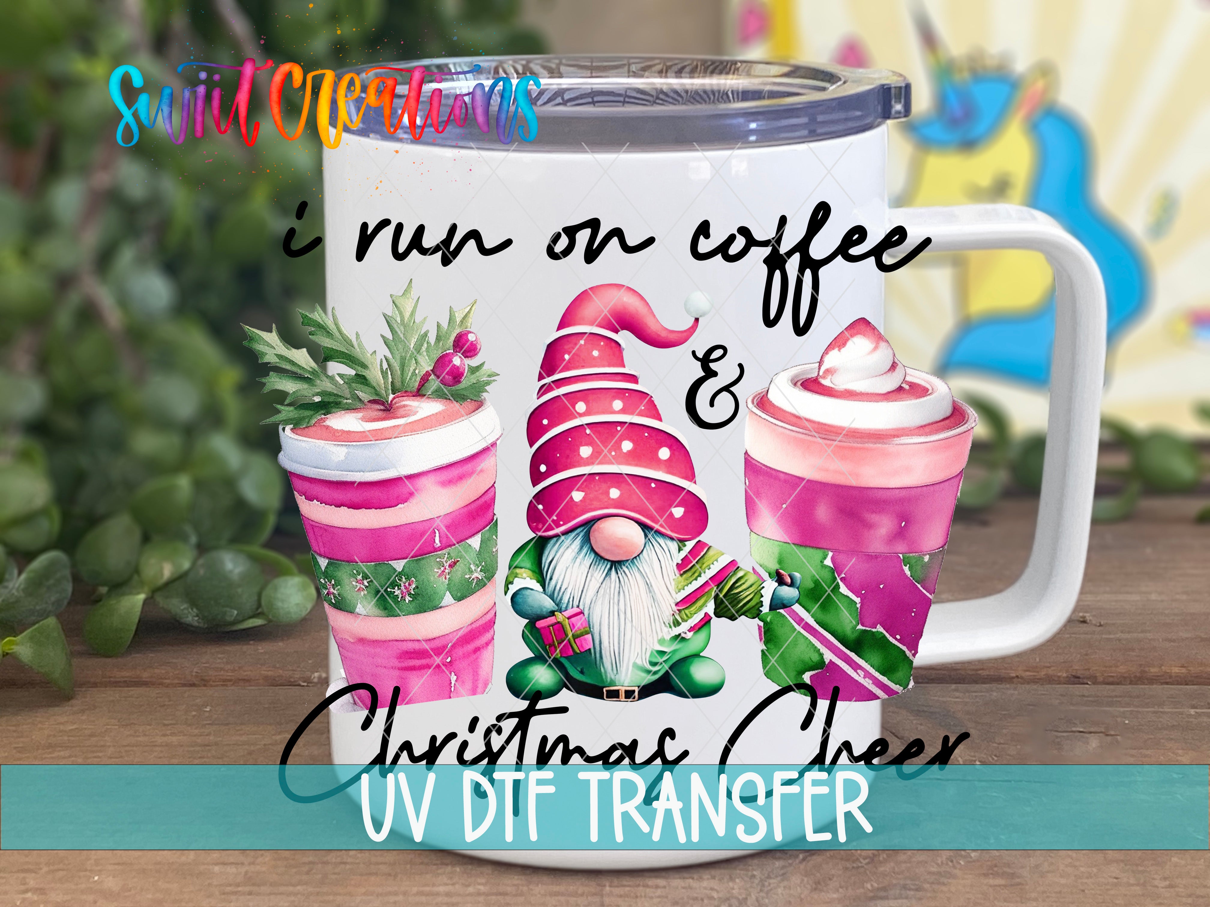 A mug with a Christmas-themed design featuring a gnome and two hot beverages, along with text that says "I run on coffee & Christmas cheer".
