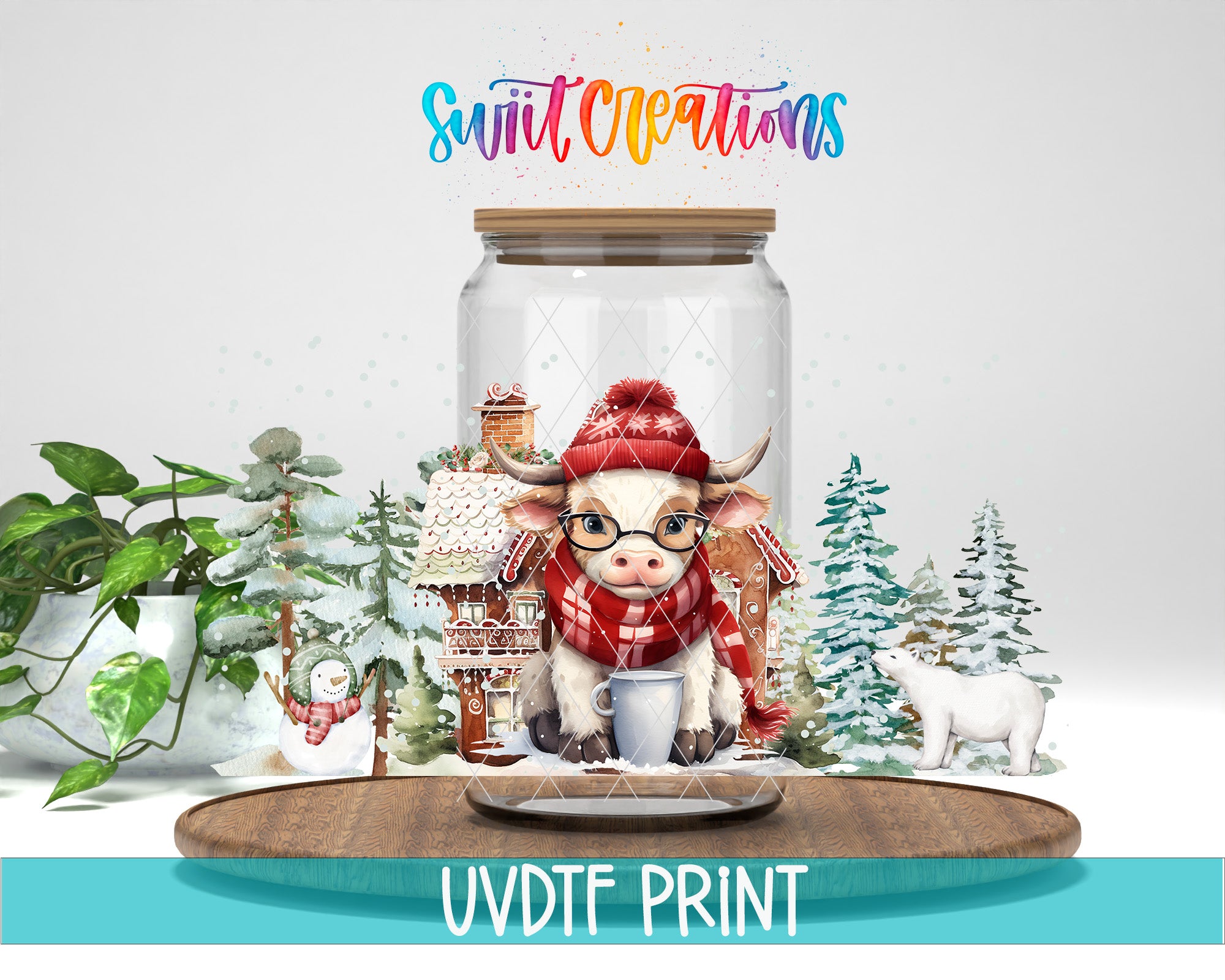 A cow wearing a red scarf and glasses is sitting inside a glass jar, surrounded by a snowy winter scene with a snowman, pine trees, and a gingerbread house.