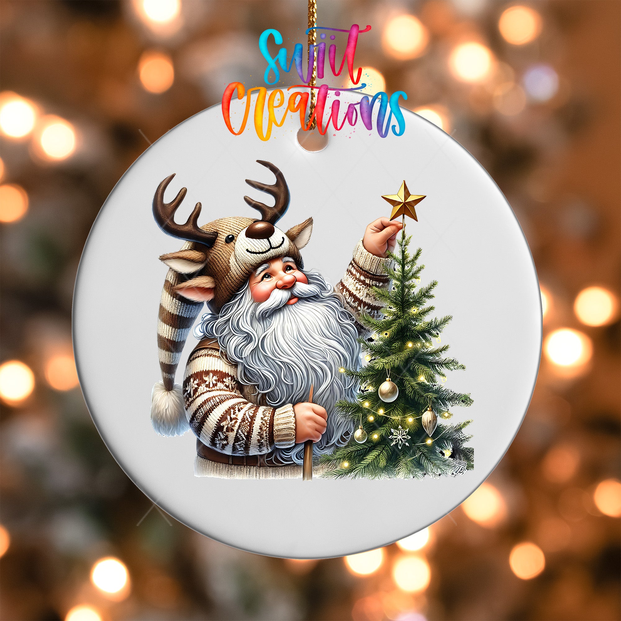 Santa Claus decorating a Christmas tree with a star and a reindeer hat.