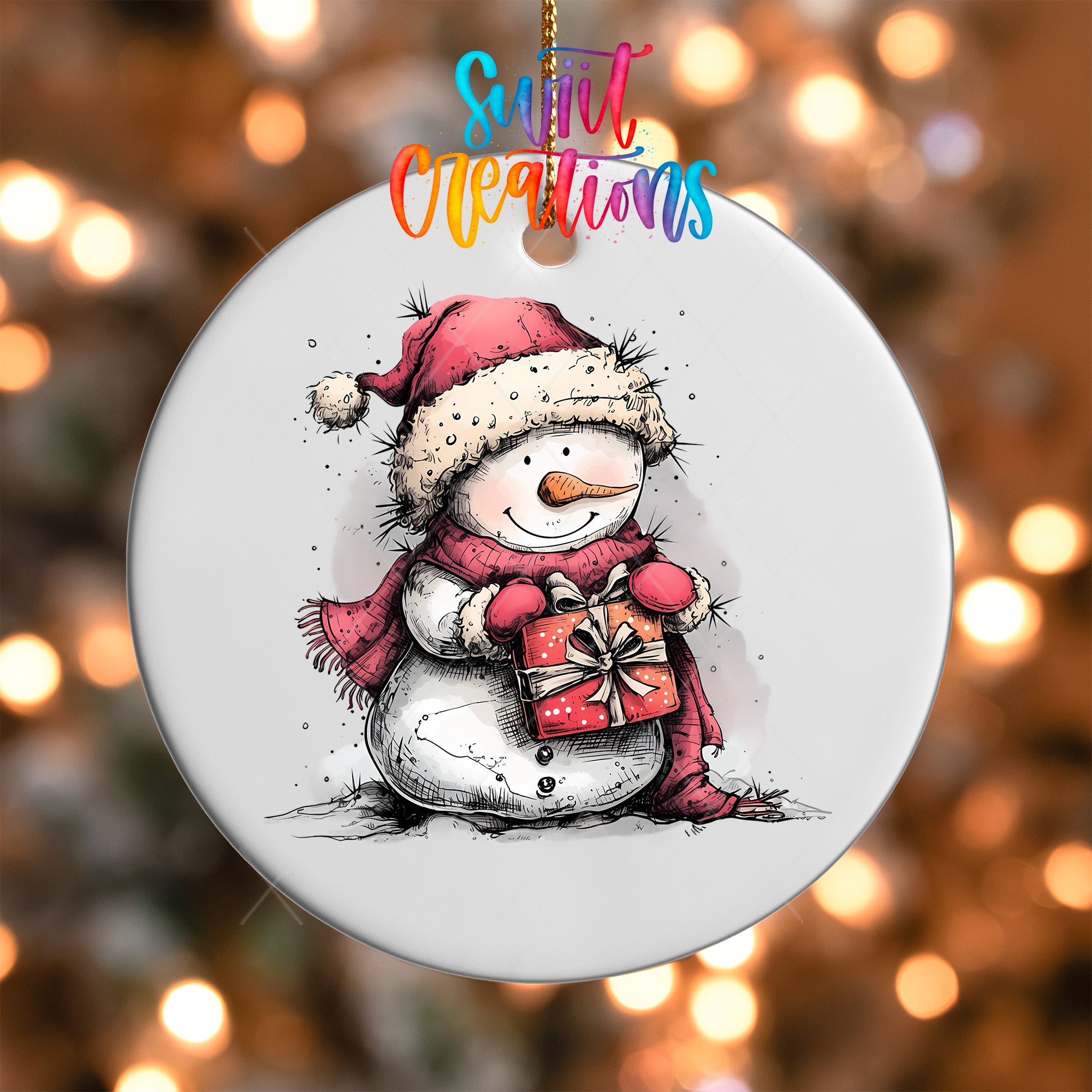 A snowman ornament with a gift in its hands, set against a background of colorful lights.