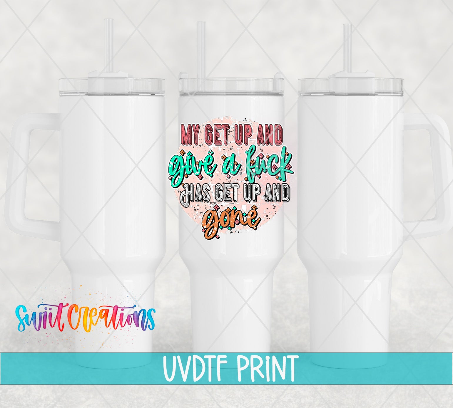 three white tumblers with colorful text printed on them.