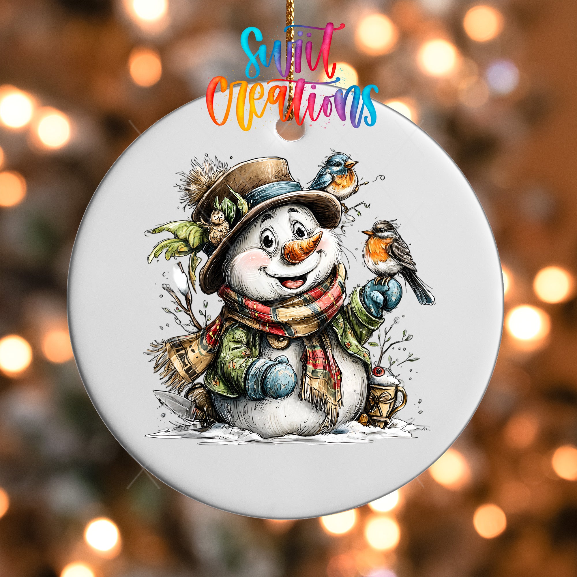 A snowman ornament with a bird perched on its shoulder, wearing a hat and scarf, and holding a cup, set against a blurred background of twinkling lights.