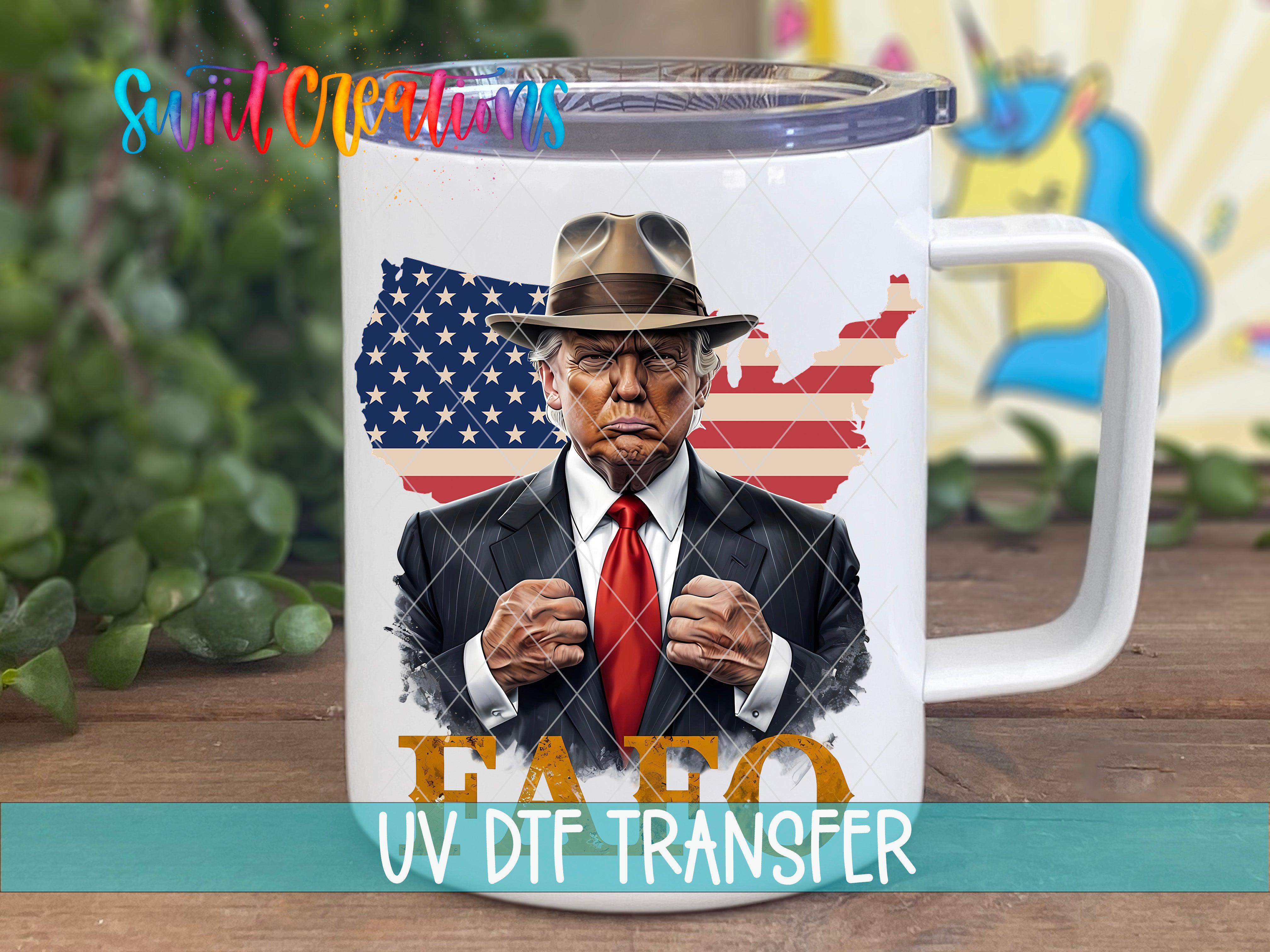 A mug with an image of a man wearing a suit and hat, with an American flag in the background.