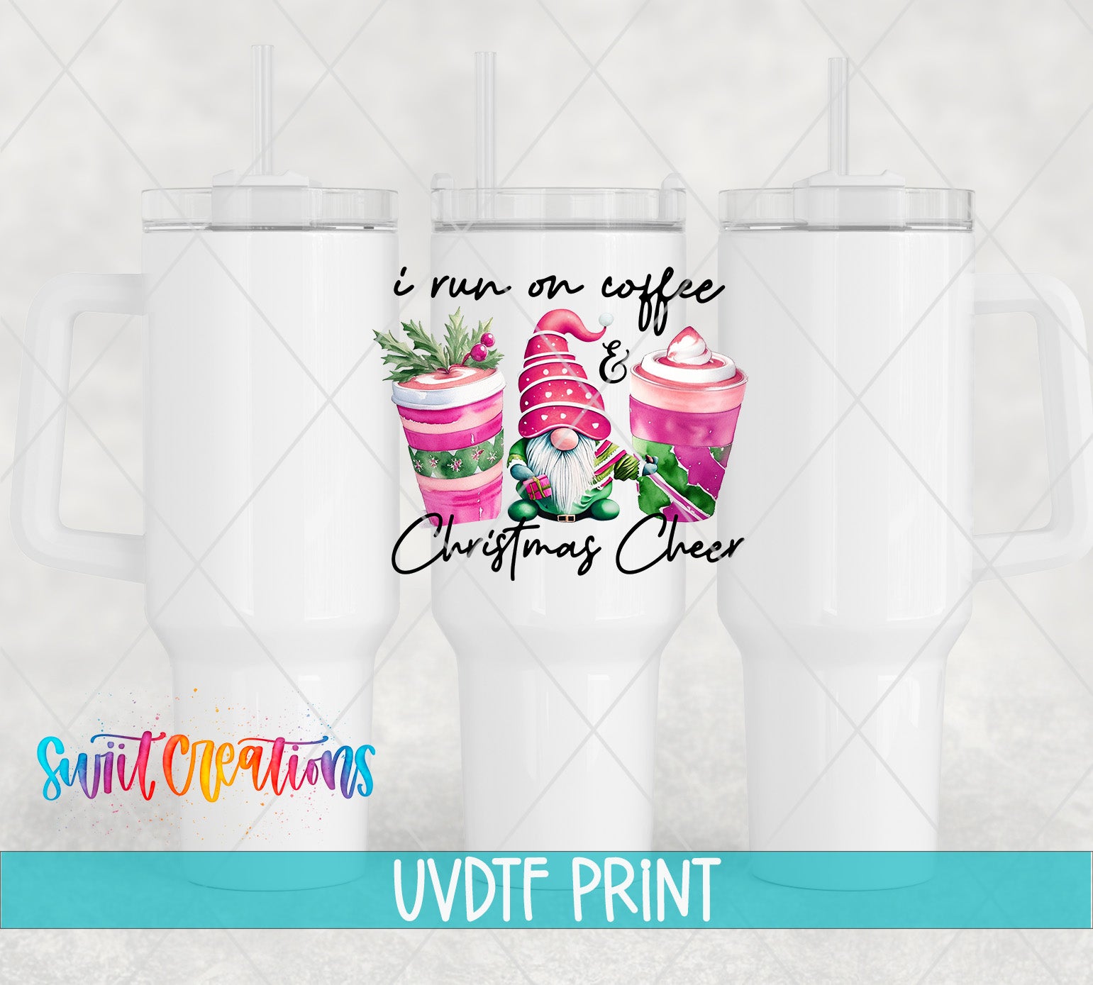 a white mug with a printed design of a gnome and a cup of coffee, along with the text "I run on coffee & Christmas cheer".