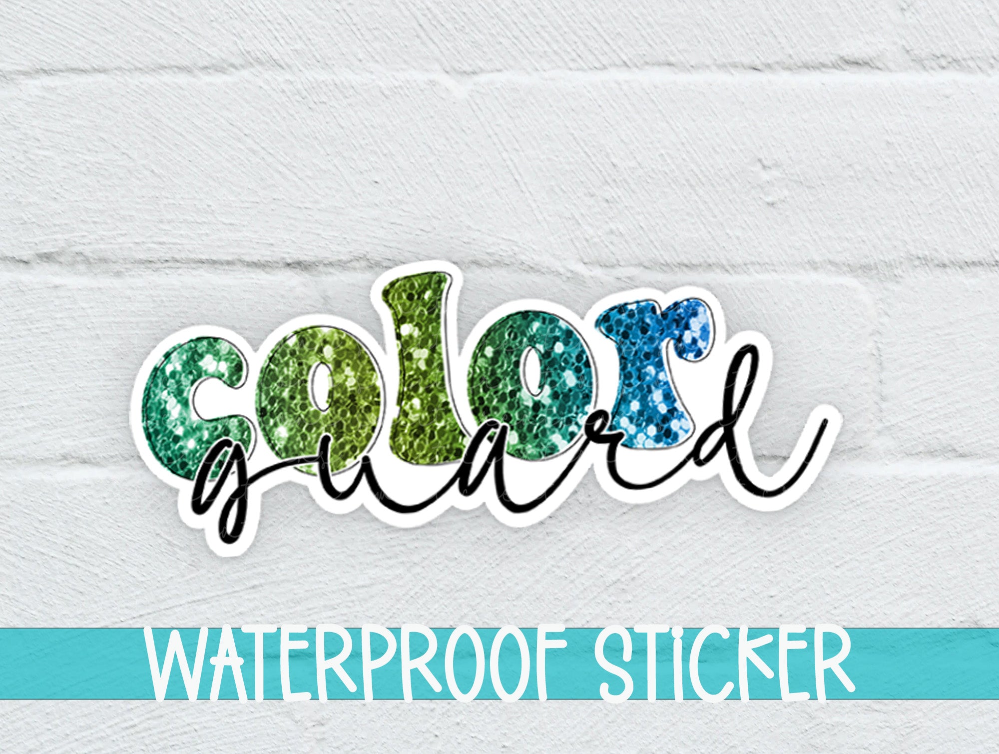 a white brick wall with a green and blue sticker on it