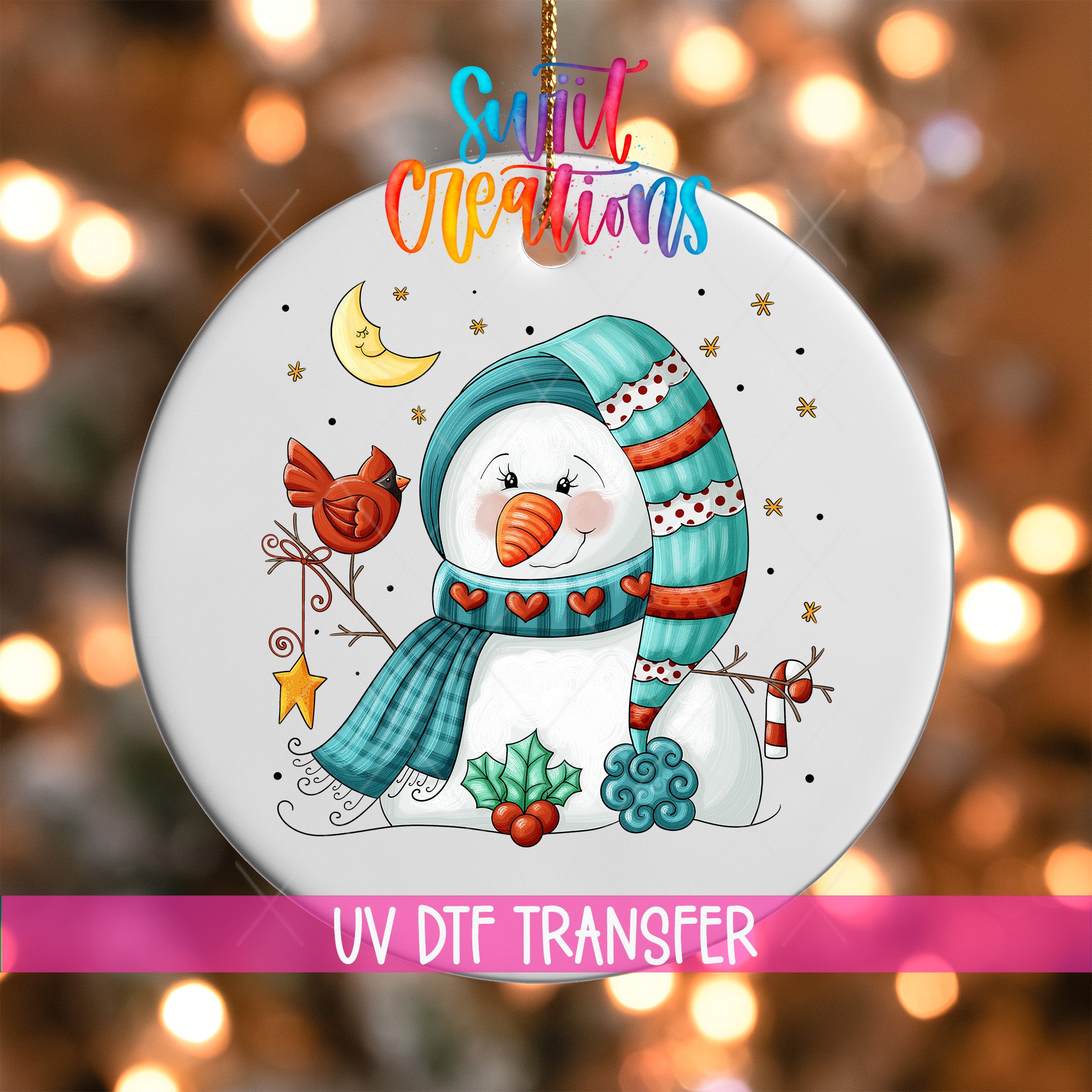 A snowman ornament with a scarf, hat, and other winter-themed decorations, including a bird and a crescent moon, is displayed against a background of colorful lights.