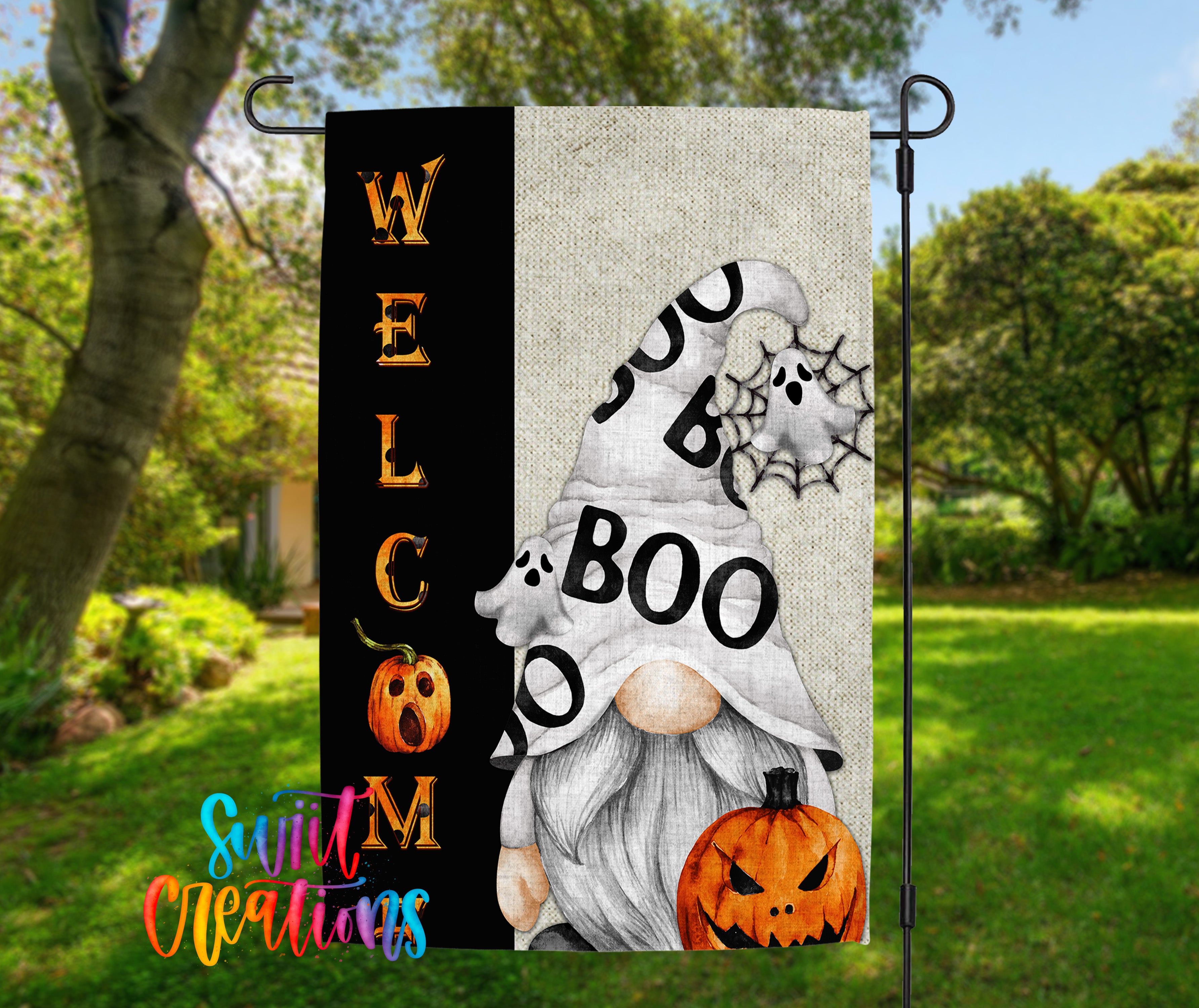 A welcome sign featuring a gnome and a pumpkin, with the word "BOO" prominently displayed.